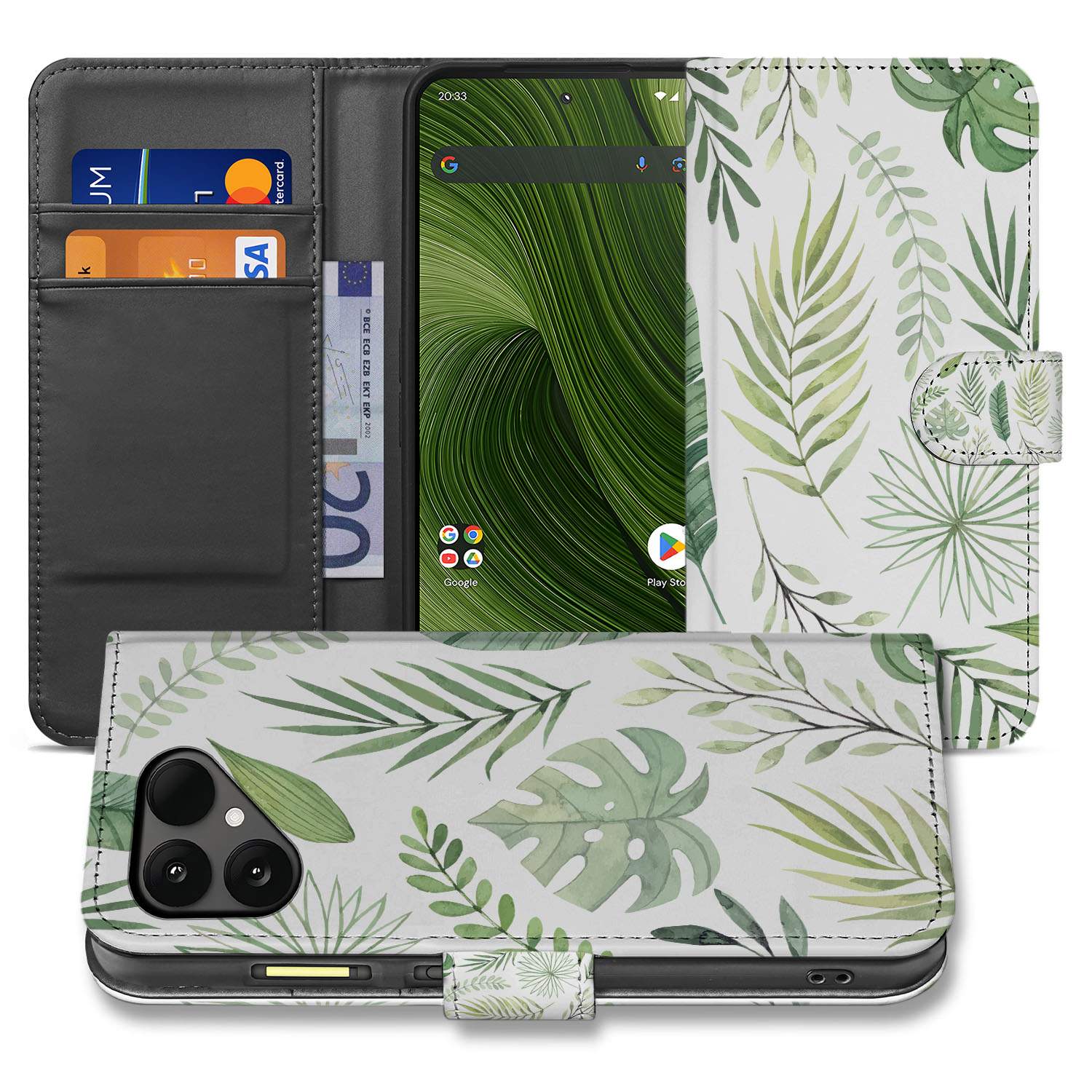 Fairphone 6 Bookcase Hoesje met Bladeren Design in Lichtgroen Wit en 3 Pasjes voorzijde