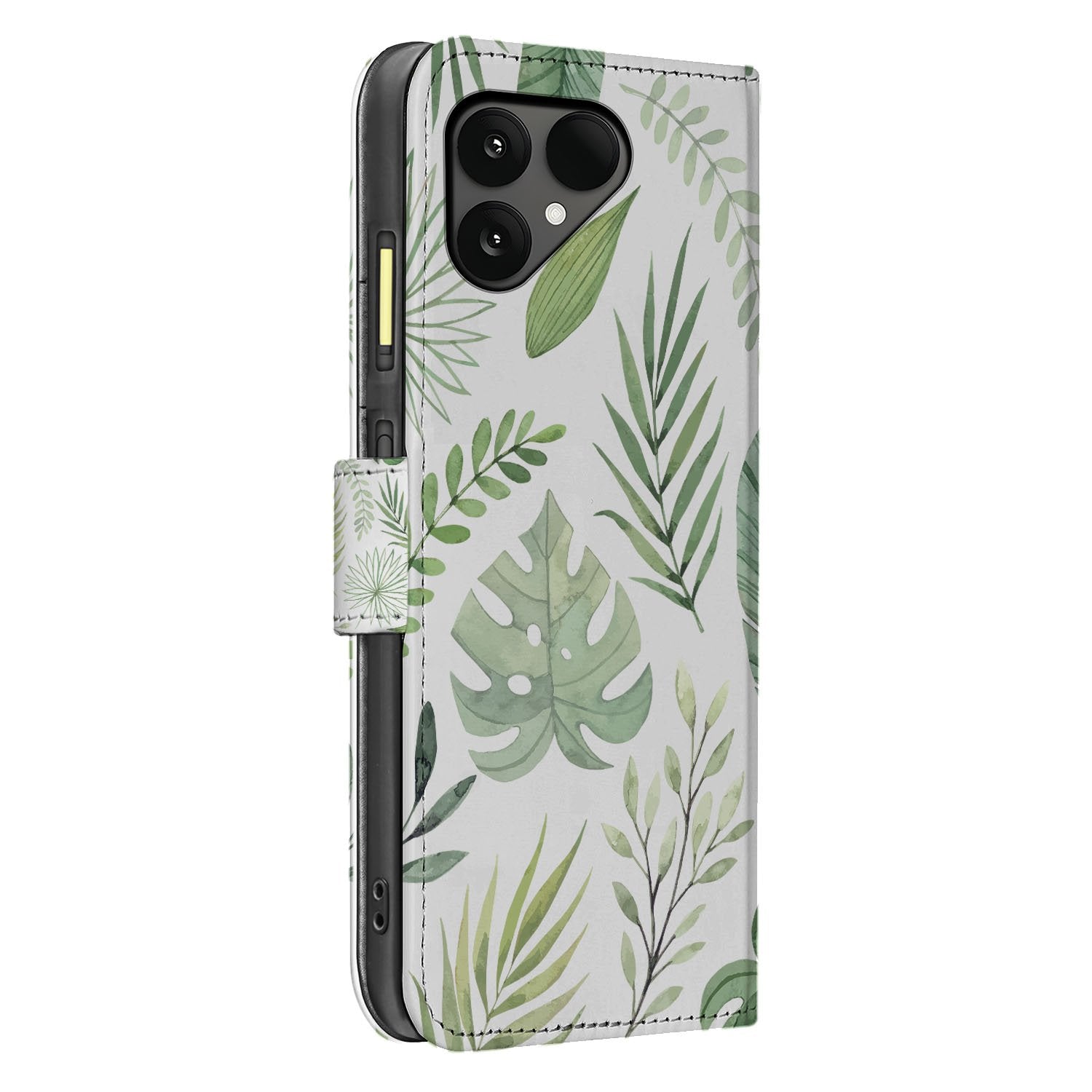 Fairphone 6 Bookcase Hoesje met Bladeren Design in Lichtgroen Wit en 3 Pasjes zij-aanzicht