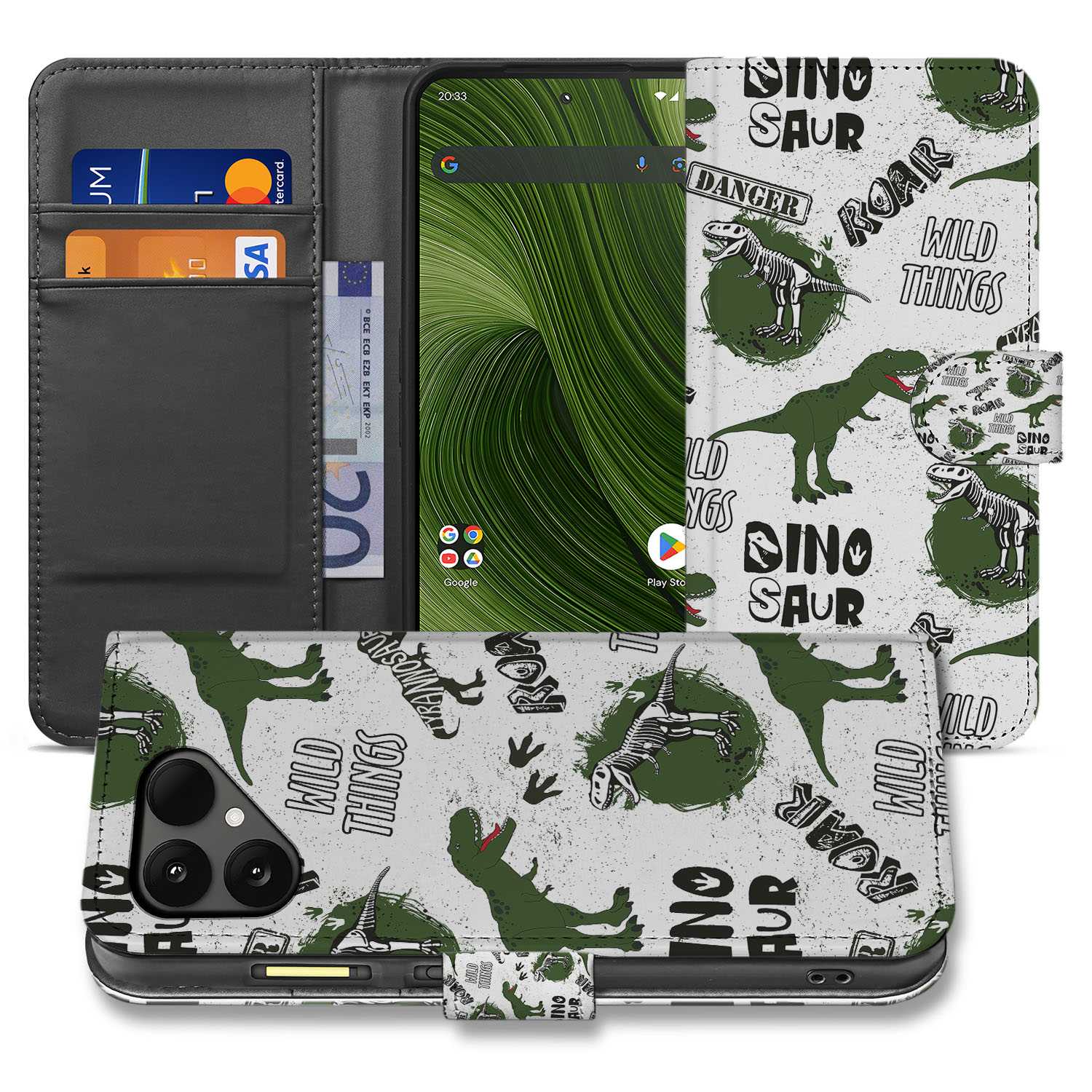 Fairphone 6 Bookcase Hoesje met Dino Print Design voorzijde