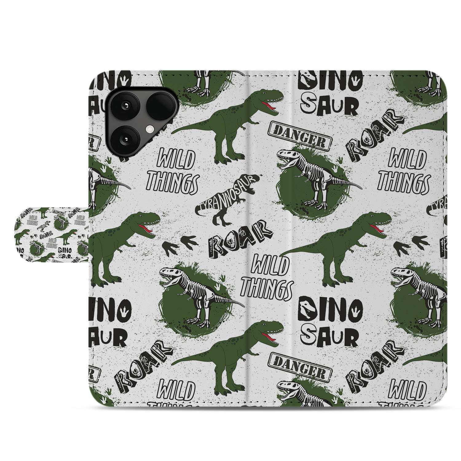 Fairphone 6 Bookcase Hoesje met Dino Print Design voorzijde