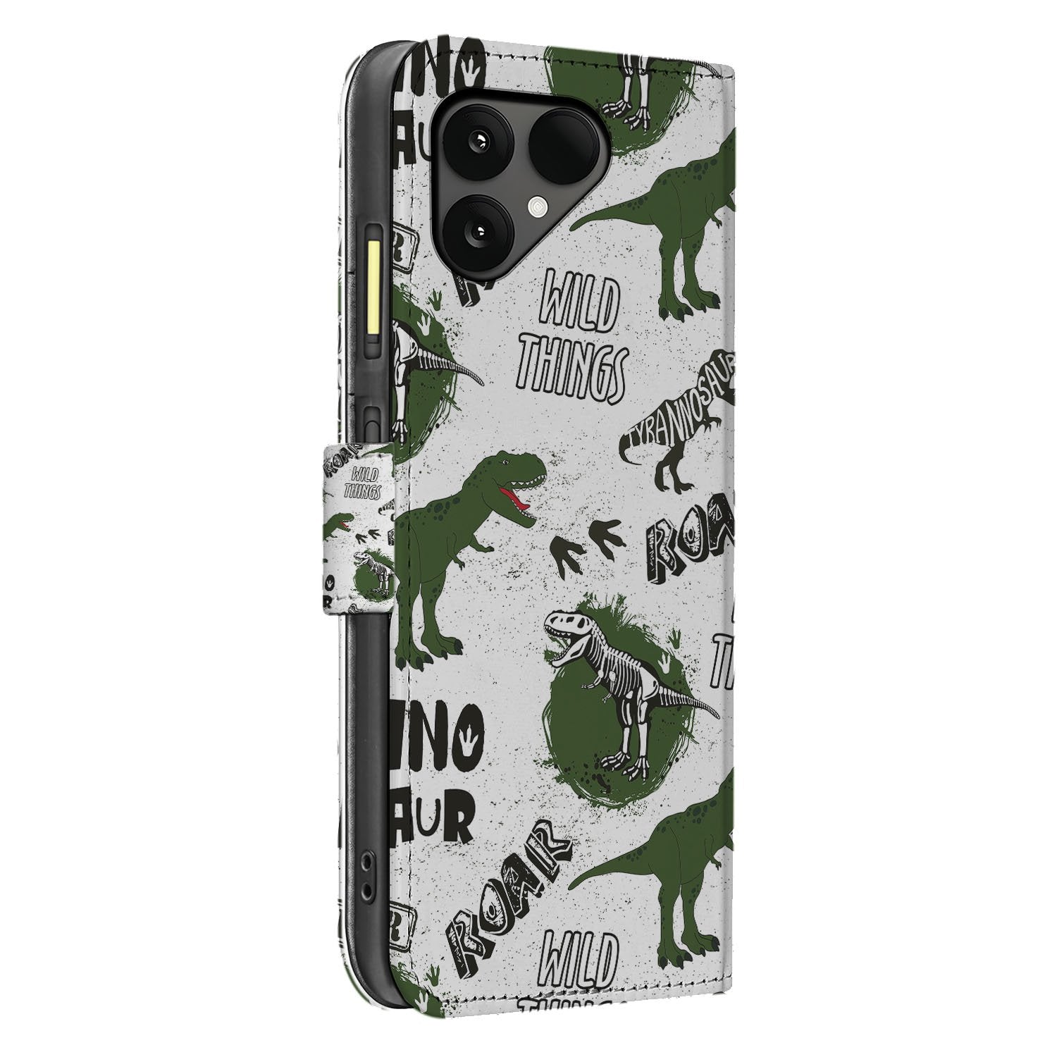 Fairphone 6 Bookcase Hoesje met Dino Print Design zijaanzicht