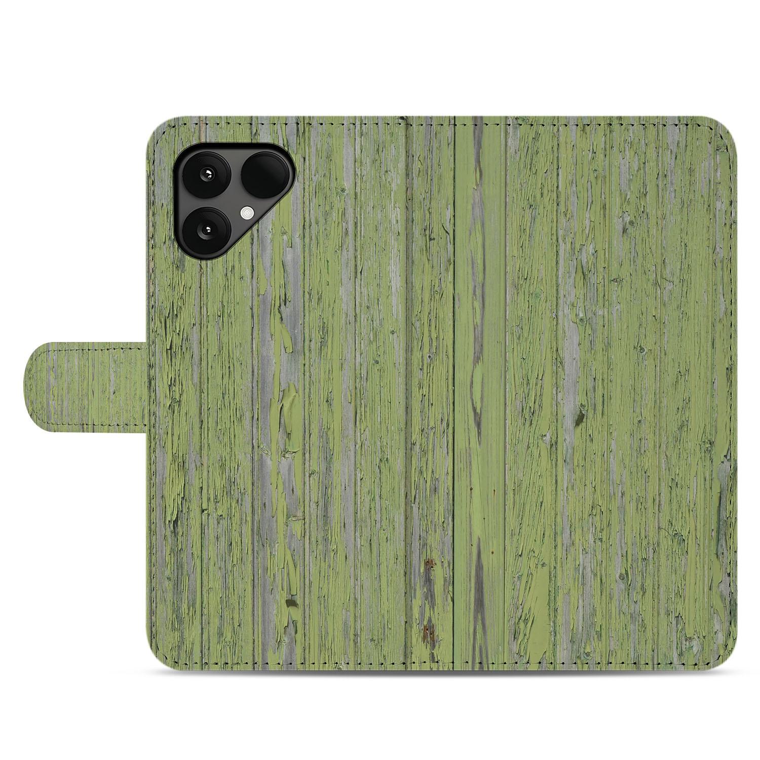 Fairphone 6 Bookcase Hoesje met Groen Houtnerf Design achteraanzicht