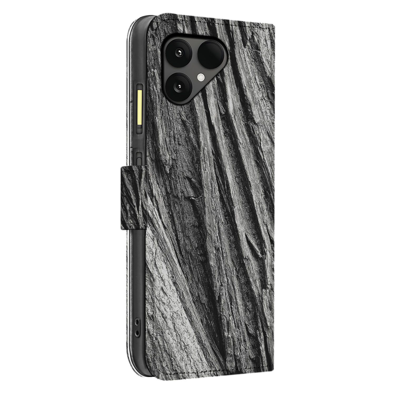 Fairphone 6 High-Quality Premium Bookcase Hoesje with Boomschors Grijs Rustiek Design zijaanzicht