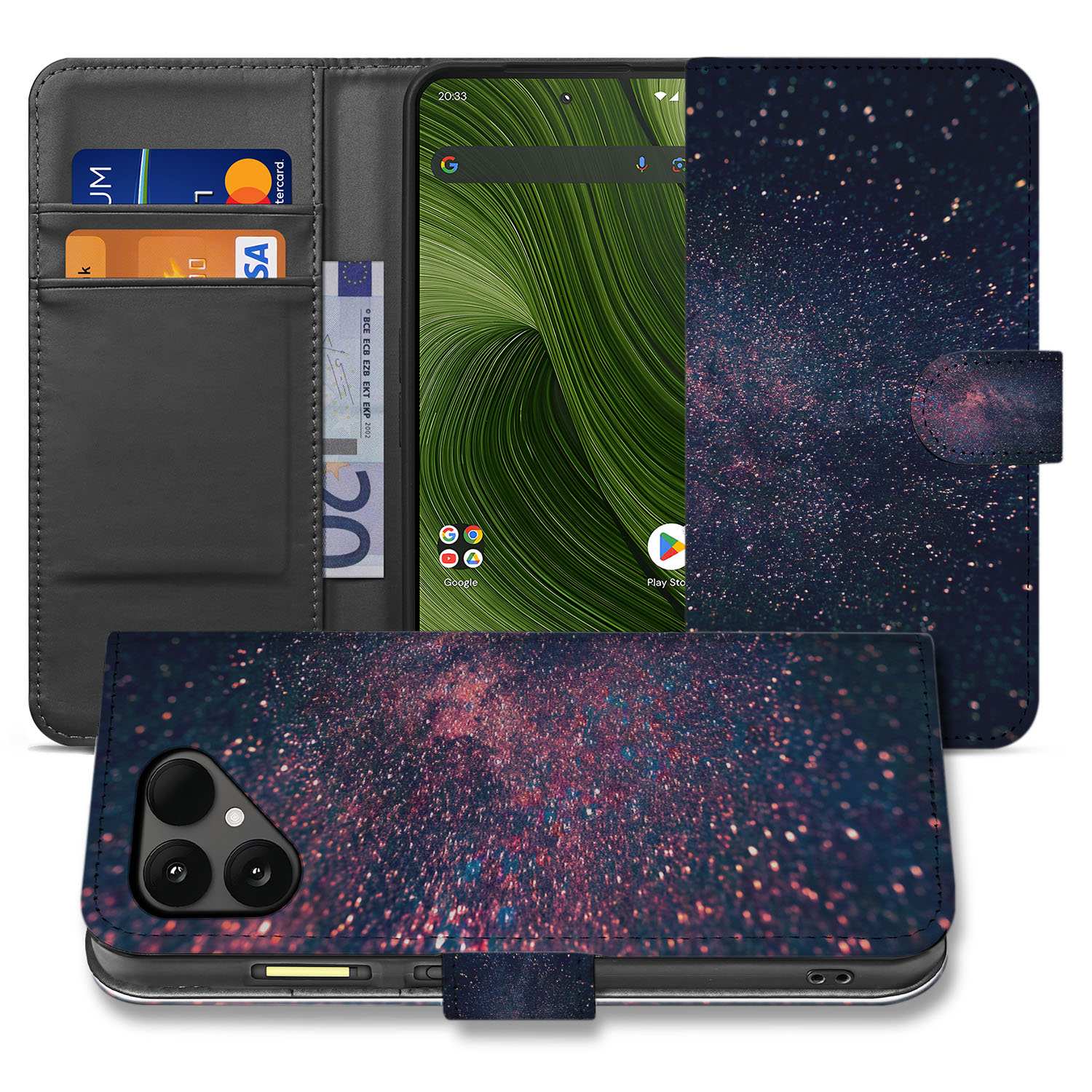 Fairphone 6 Paars Blauw Glitter Sterren Book Case Stars design sterrenregen aanzicht