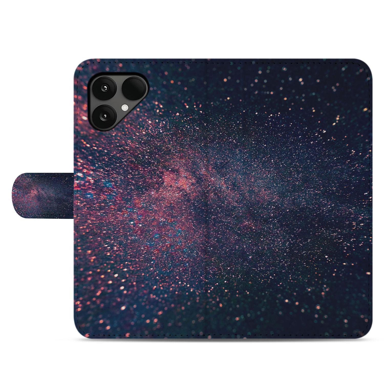 Fairphone 6 Paars Blauw Glitter Sterren Book Case Stars sterrenregen paars blauw glitter design achteraanzicht