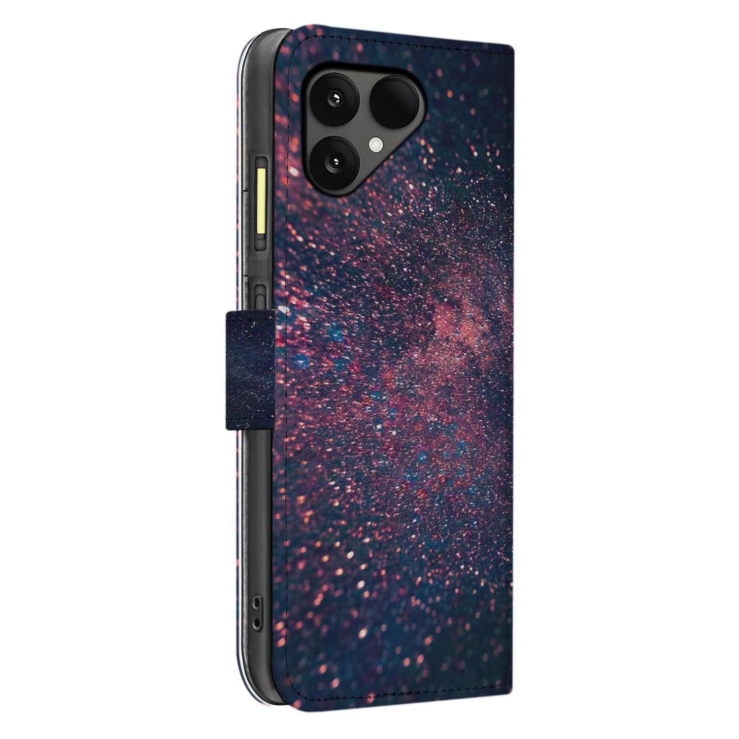 Fairphone 6 Paars Blauw Glitter Sterren Book Case Stars zijkant paars blauw glitter ontwerp