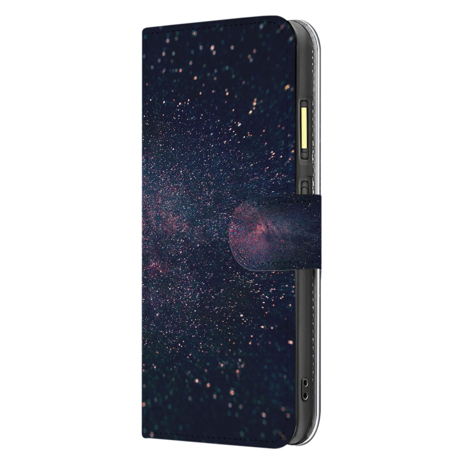 Fairphone 6 Paars Blauw Glitter Sterren Book Case Stars zijkant sterrenregen paars blauw glitter