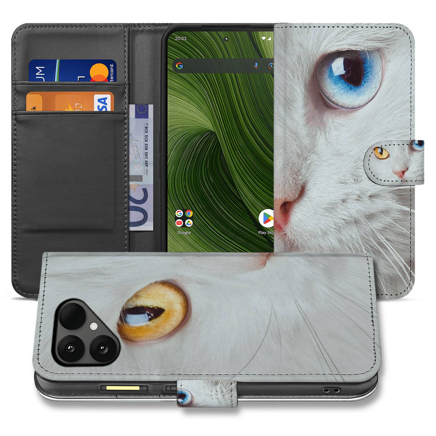 Fairphone 6 Portemonnee Hoesje Witte Kat Dierenprint detail platte aanzicht