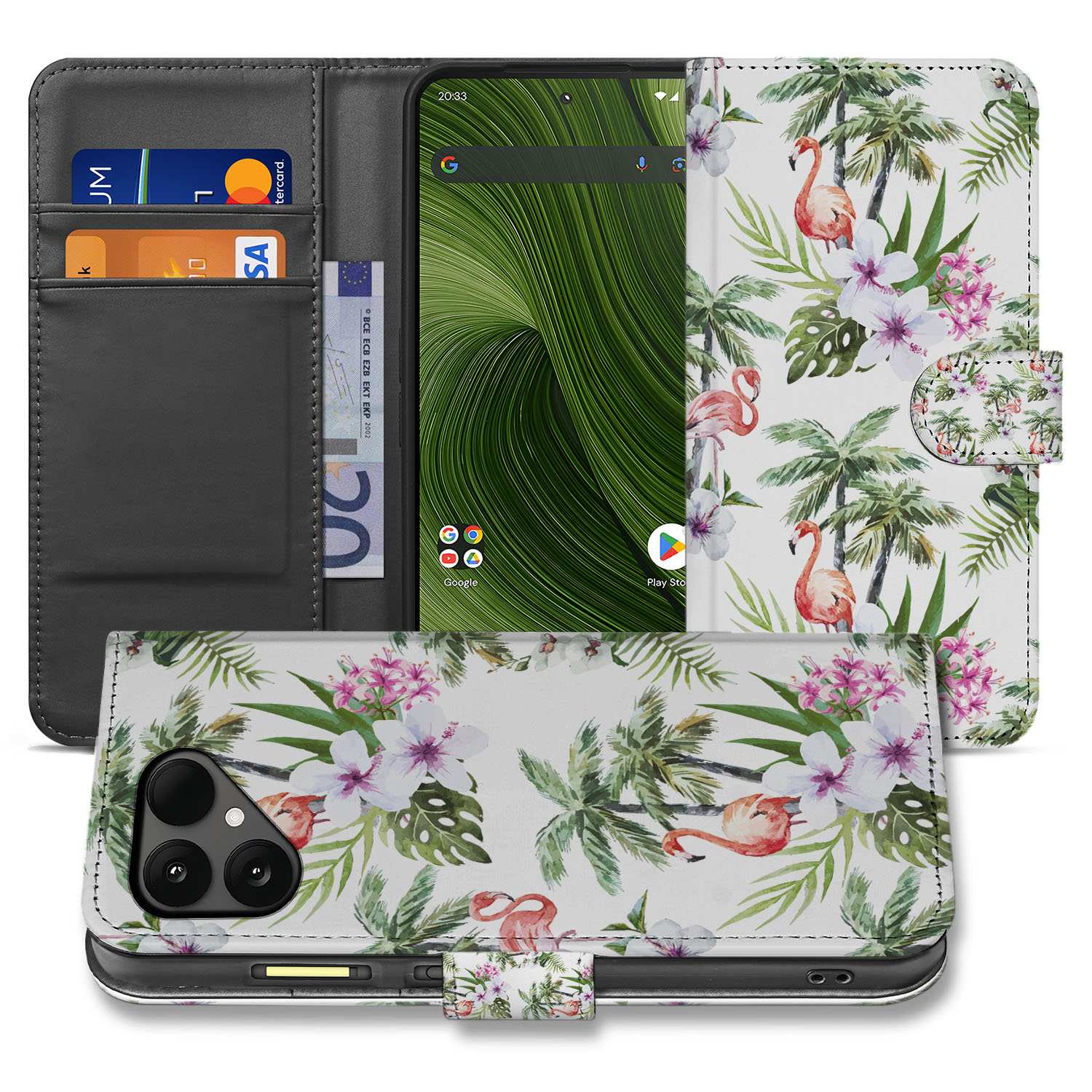 Fairphone 6 Smartphone Stylish Flamingo Palms Bookcase Hoesje met Pasjes en Betere Bescherming voorkant achterzijde
