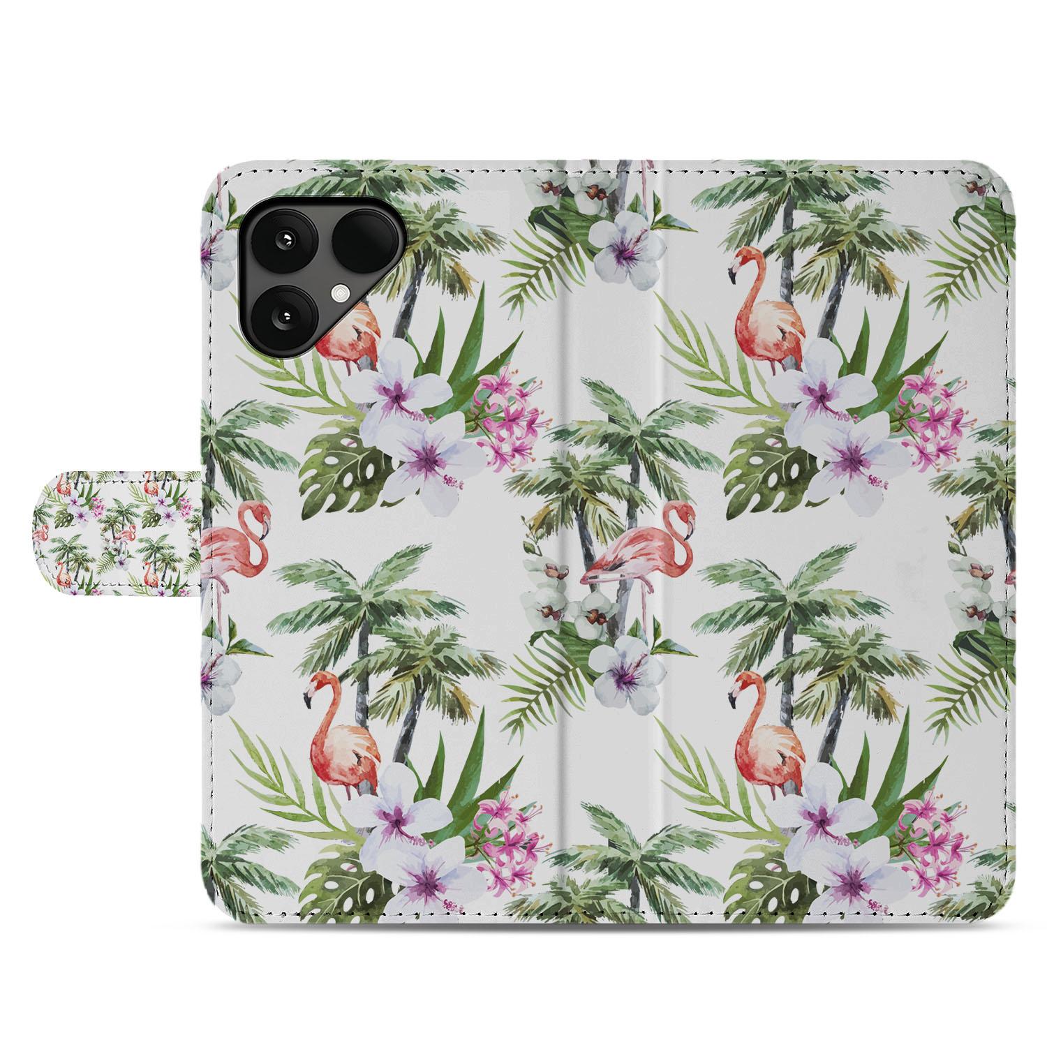 Fairphone 6 Smartphone Stylish Flamingo Palms Bookcase Hoesje met Pasjes en Betere Bescherming achterkant design
