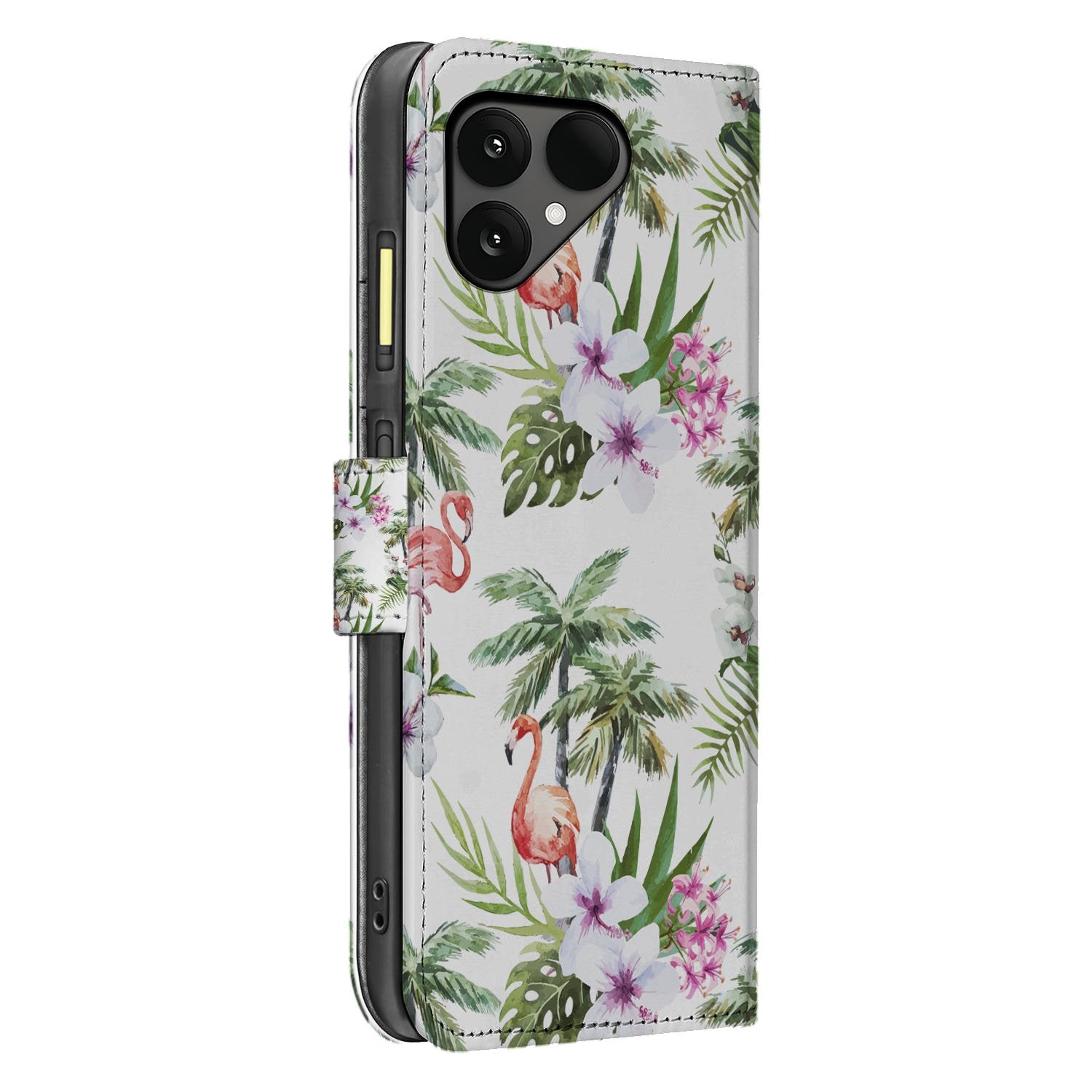 Fairphone 6 Smartphone Stylish Flamingo Palms Bookcase Hoesje met Pasjes en Betere Bescherming zijkant