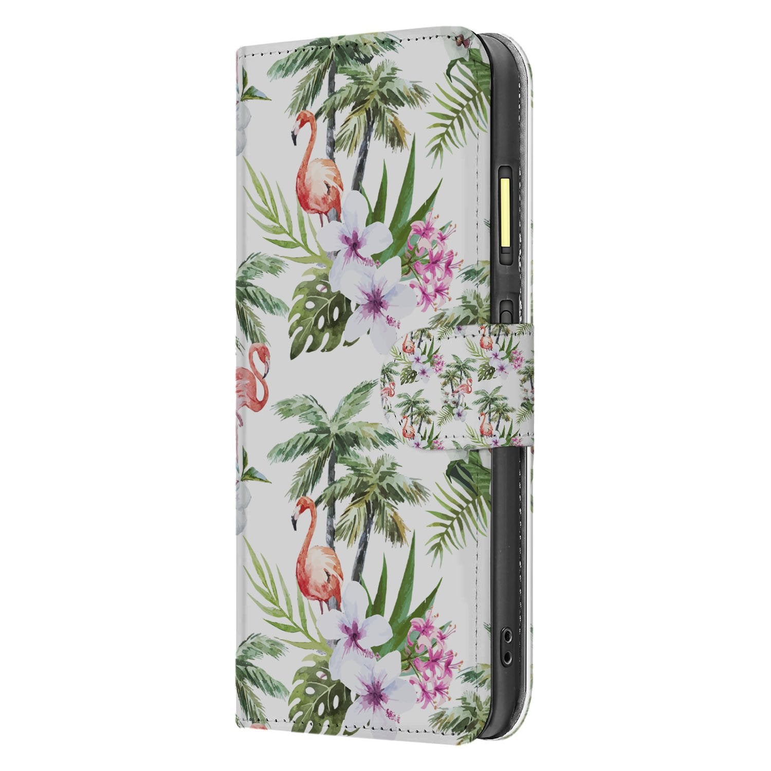 Fairphone 6 Smartphone Stylish Flamingo Palms Bookcase Hoesje met Pasjes en Betere Bescherming zijkant