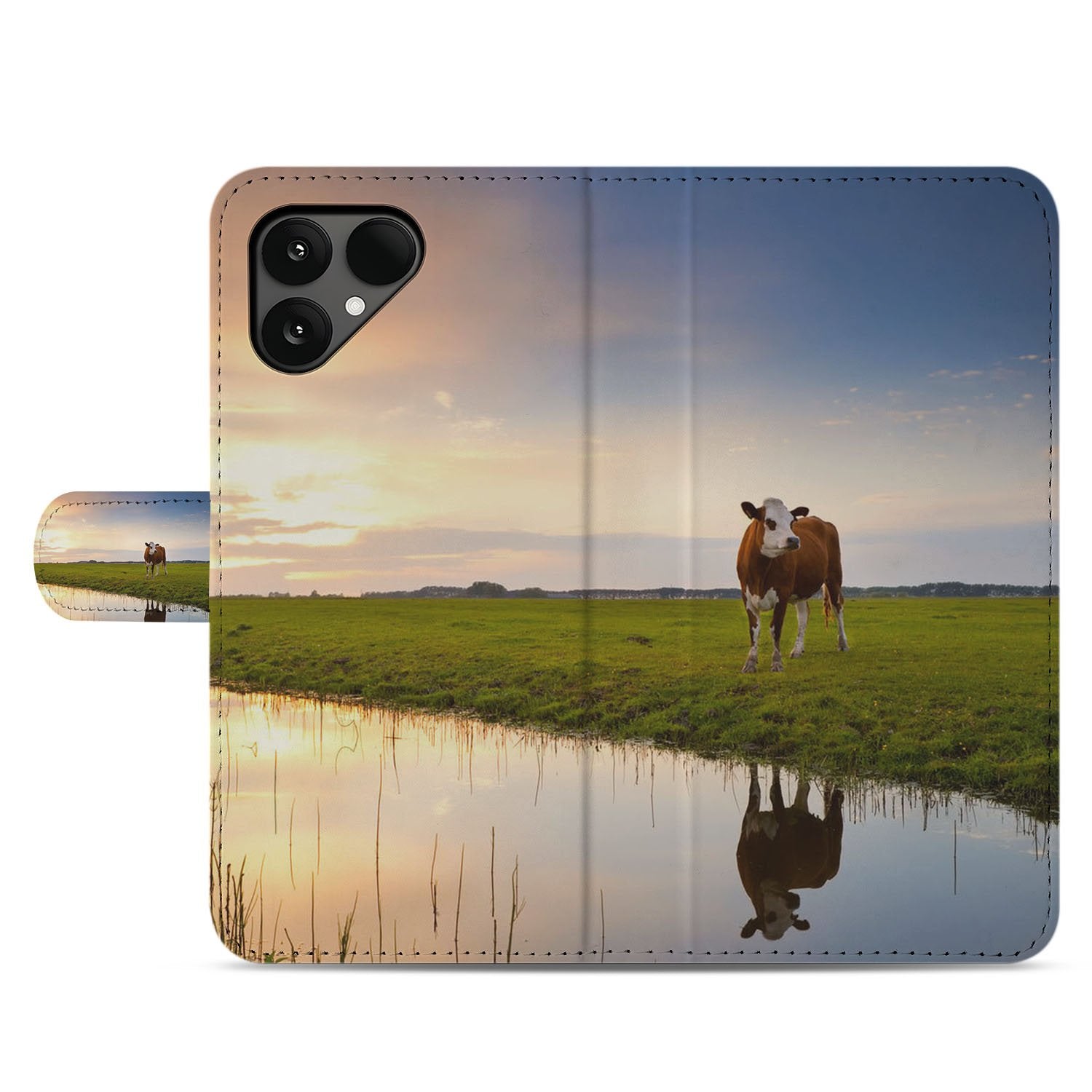 Fairphone 6 Stijlvol Bookcase Hoesje Koeienprint Zwart-Wit Aanzicht