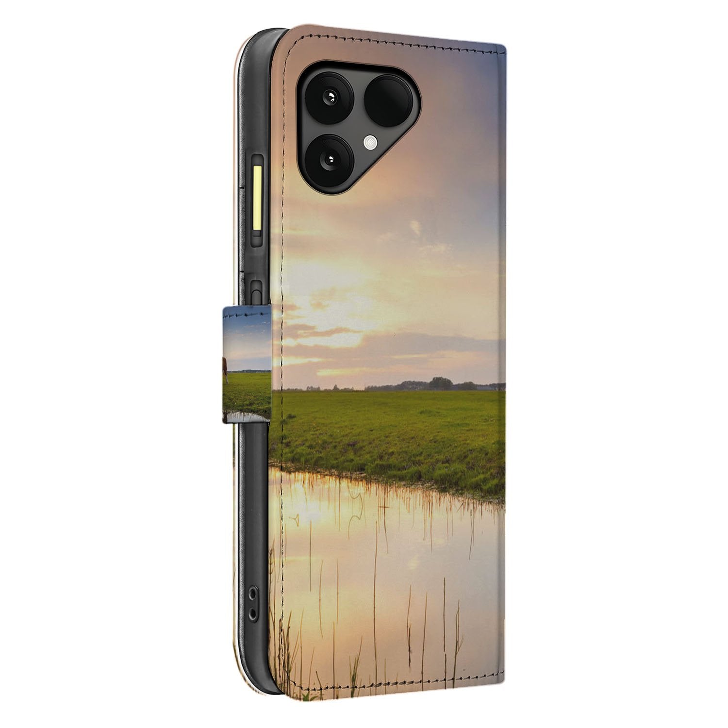 Fairphone 6 Stijlvol Bookcase Hoesje met Koeienprint Zwart-Wit Design aanzicht
