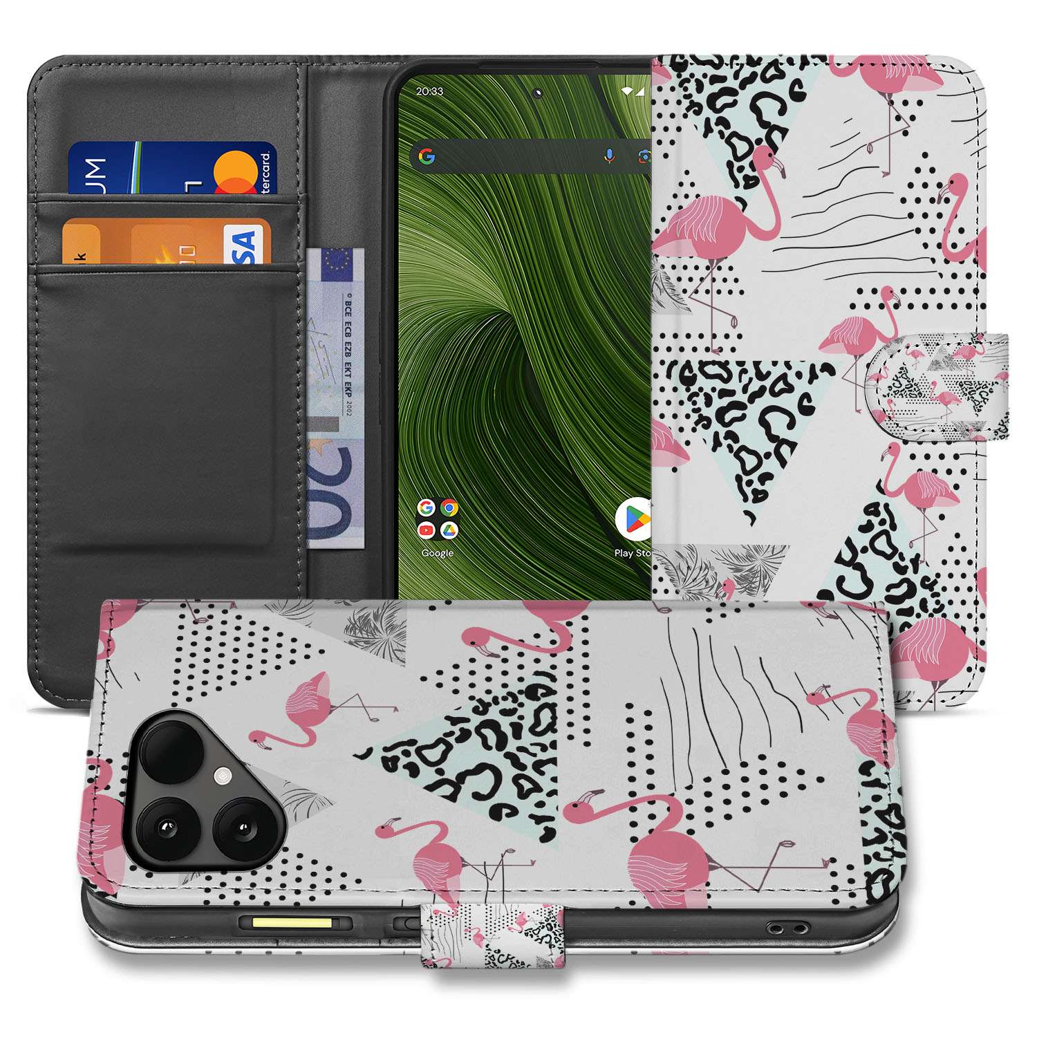 Flamingo Triangle Fairphone 6 Bookcase Hoesje met Pasjes design flamingo zwart wit
