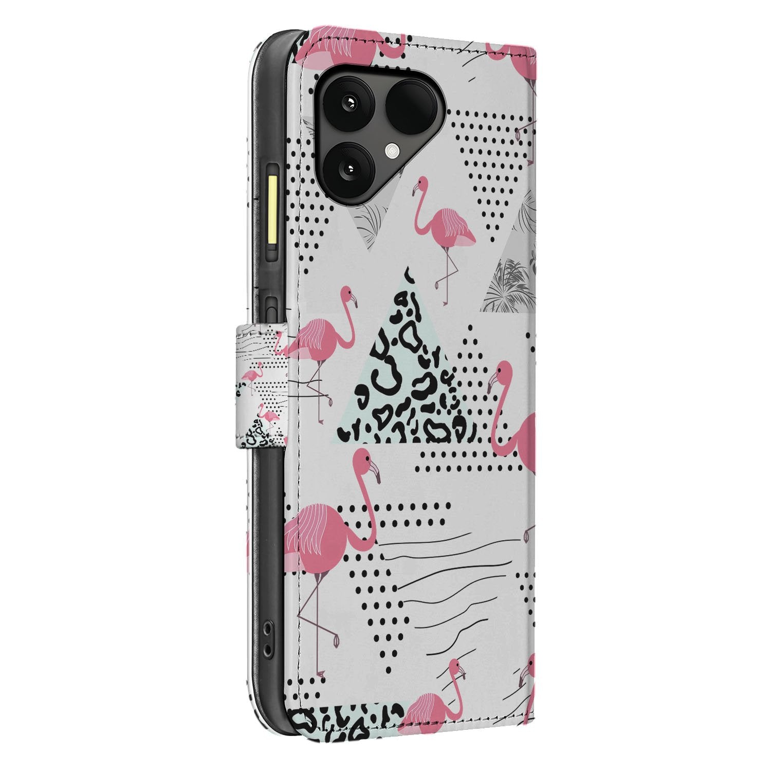 Flamingo Triangle Fairphone 6 Bookcase Hoesje met Pasjes design flamingo's zijaanzicht