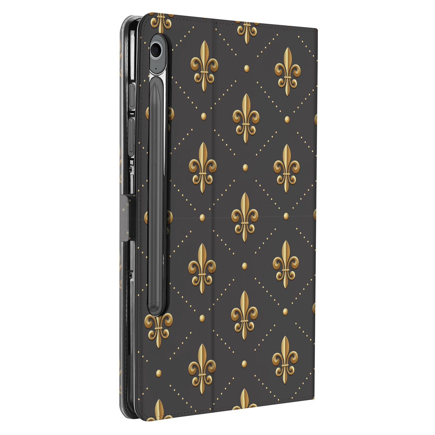 Samsung Galaxy Tab S10 FE | Tab S9 FE Franse Lelie Book Case Hoesje met Standaard design zwart-gouden bloemen aanzicht