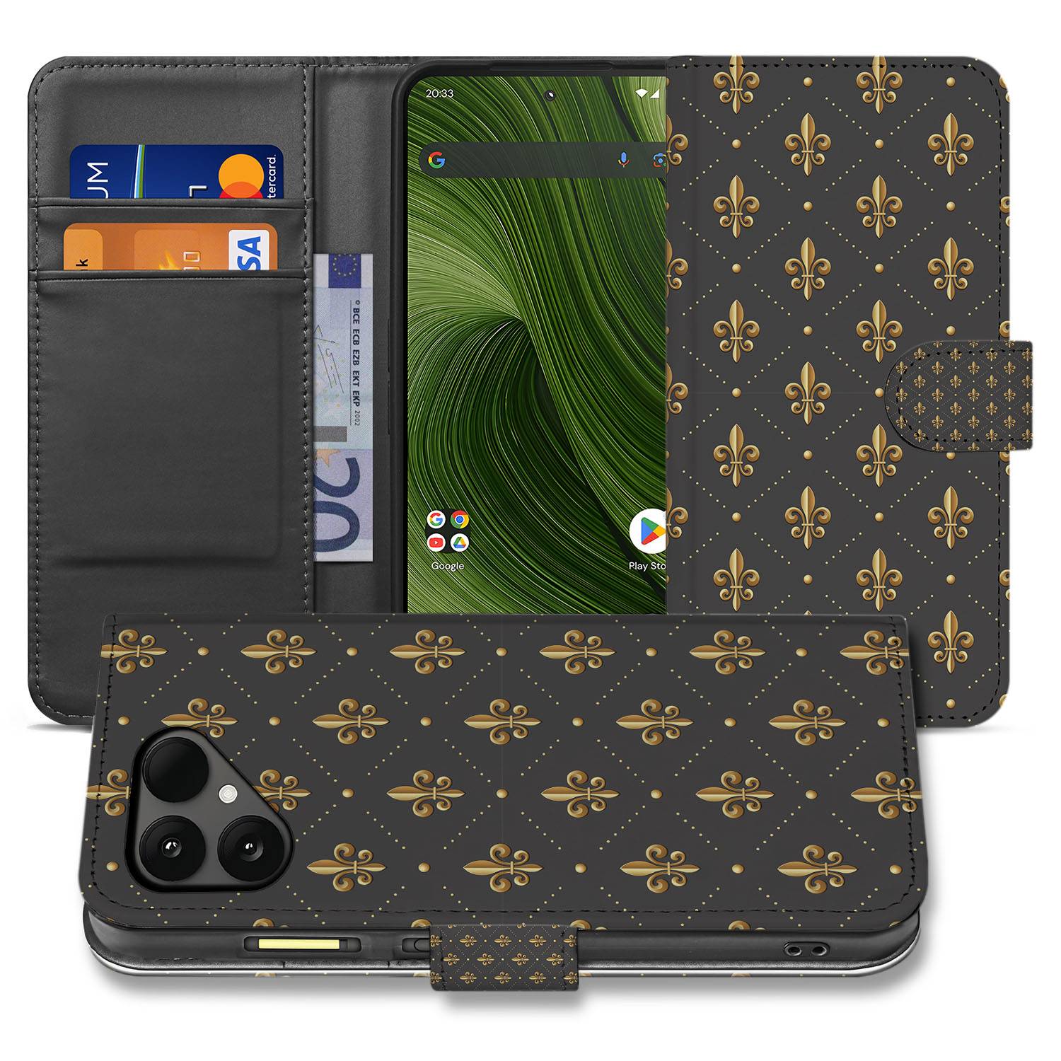 Fairphone 6 Franse Lelie Design in Bruin Goud Bookcase Hoesje voorkant achterkant
