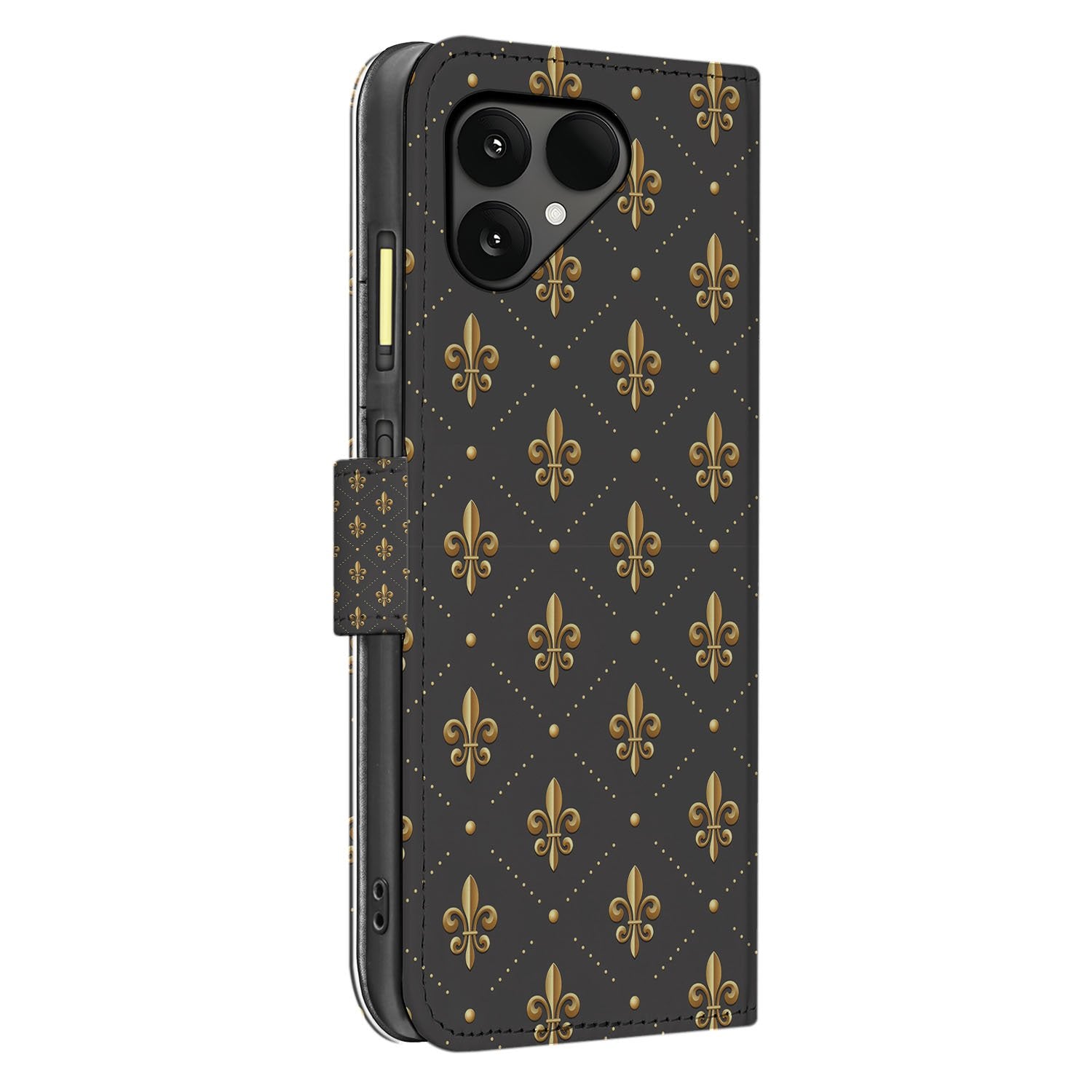 Fairphone 6 Franse Lelie Design in Bruin Goud Bookcase Hoesje zijaanzicht