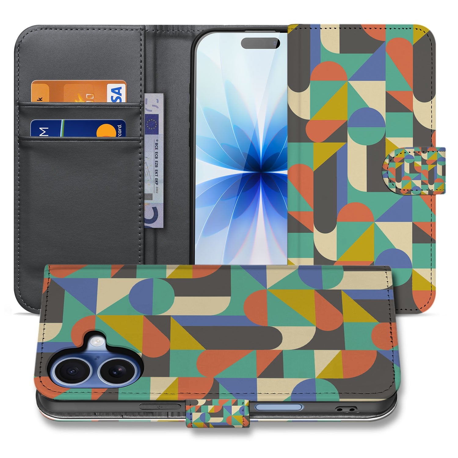 Funky Retro Hoesje Voor iPhone 17 Portemonnee Hoesje geometrisch design kleurrijk aanzicht