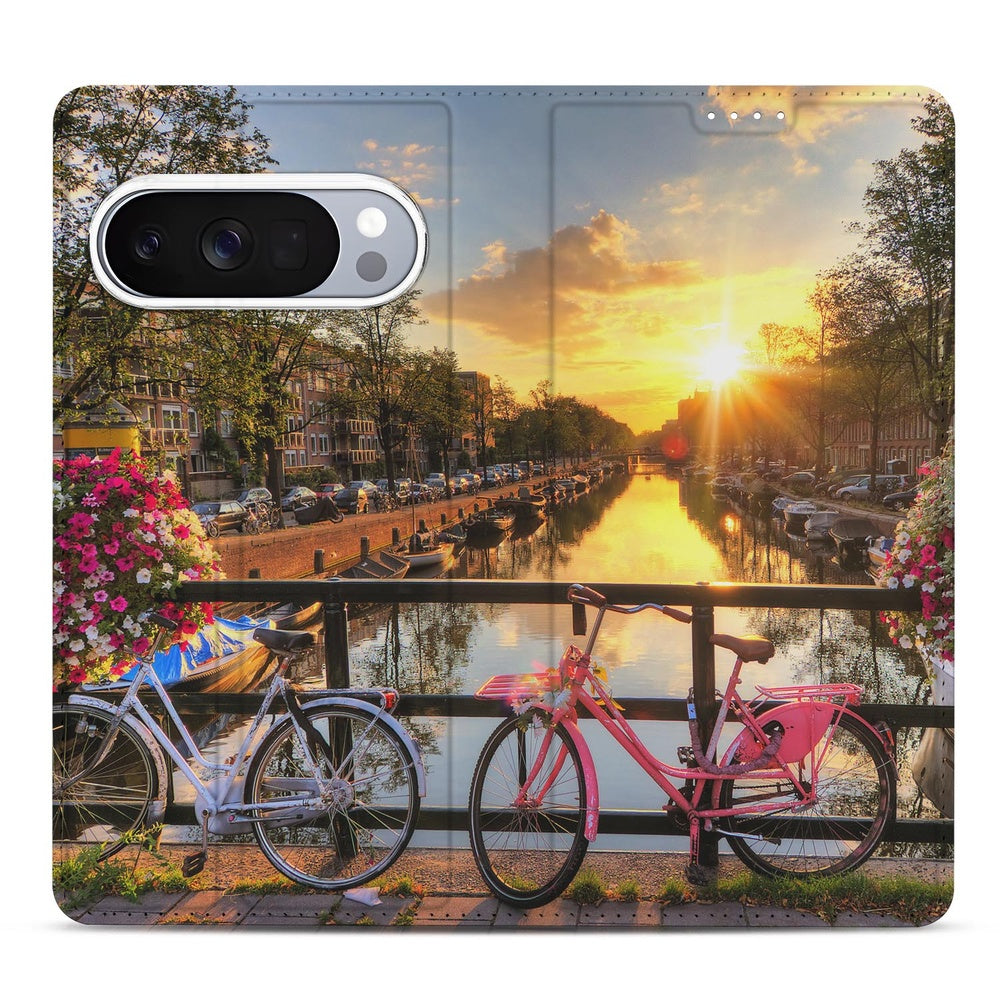 Google Pixel 10 Pro Book Case Amsterdamse Grachten Amsterdam grachten zonsondergang fietsen bloemen