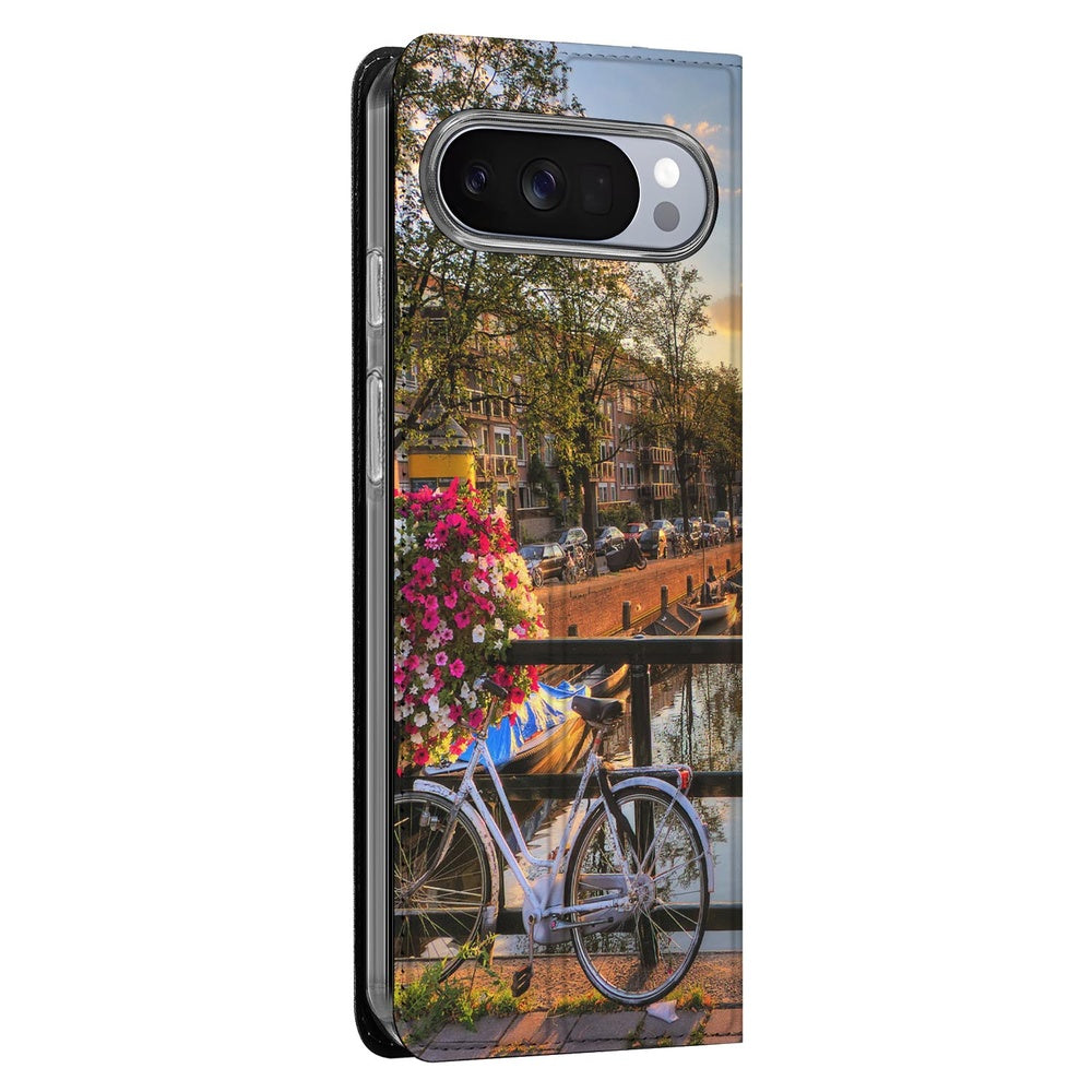 Google Pixel 10 Pro Book Case Amsterdamse Grachten hoesje fiets bloemen aanzicht