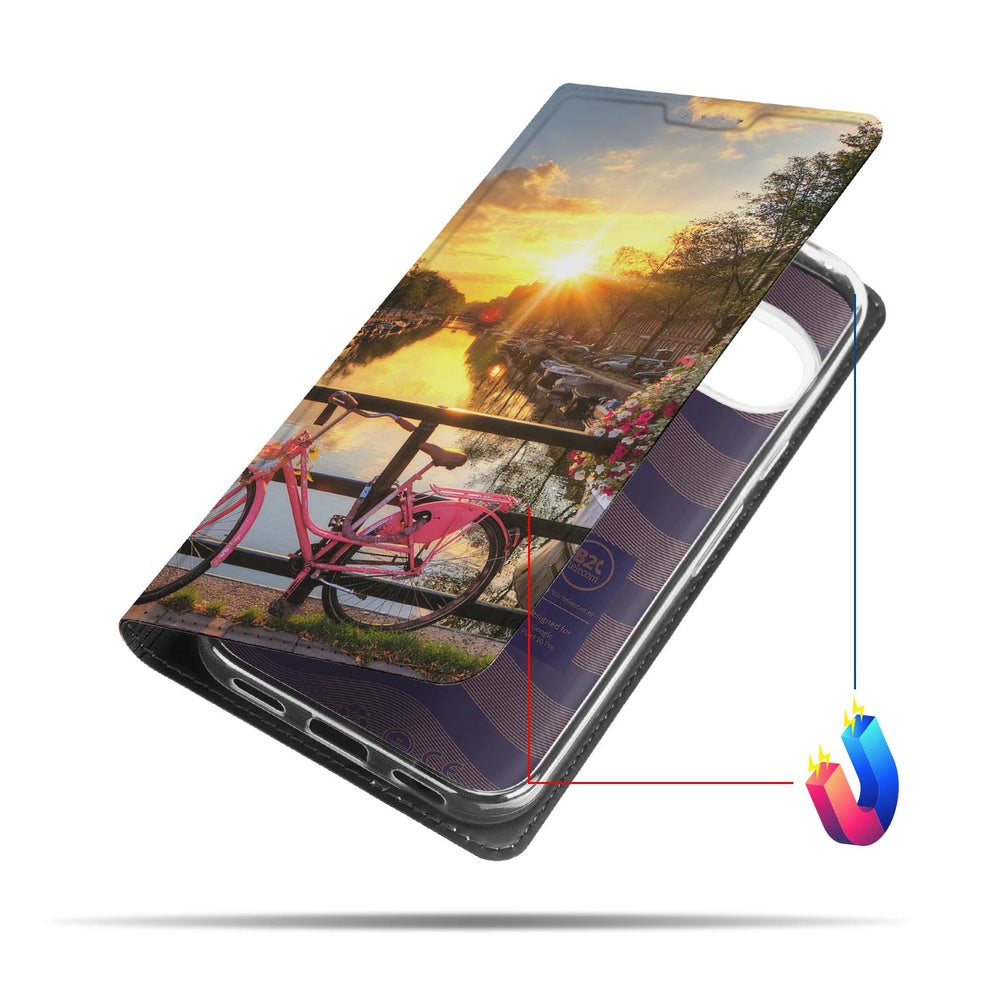 Google Pixel 10 Pro Book Case Amsterdamse Grachten design met uitzicht op zonsondergang grachten fietsen