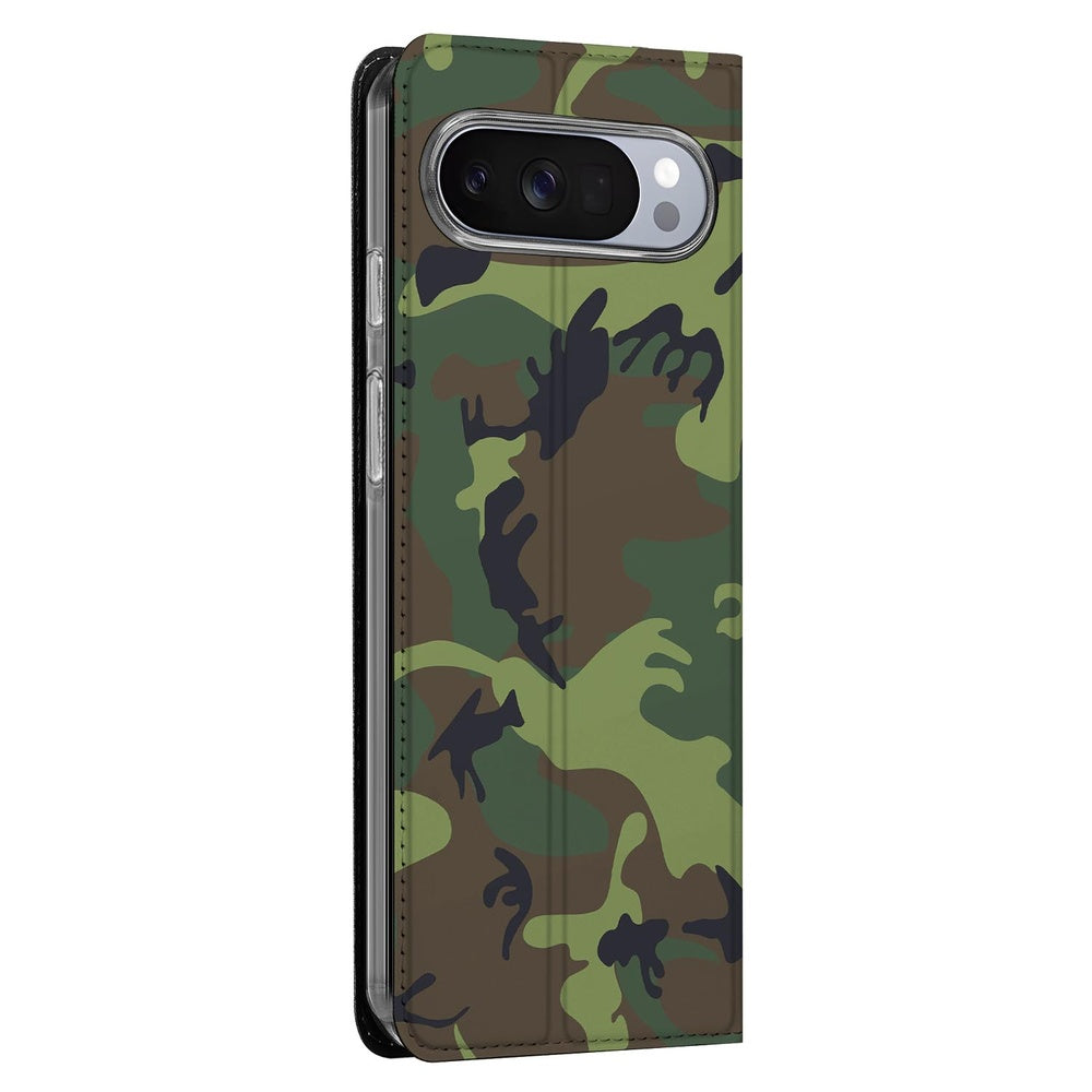 Google Pixel 10 Pro Bookcase Army Dark bookcase camouflage zijaanzicht