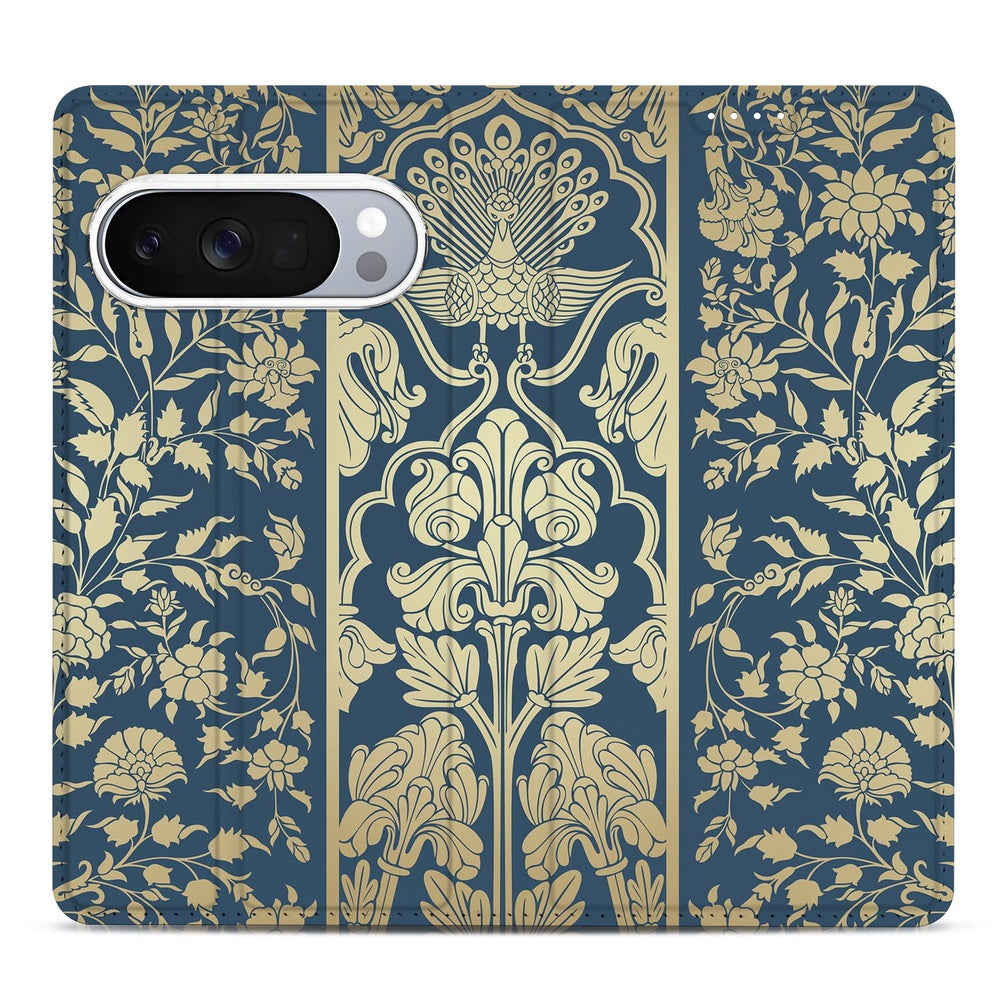 Google Pixel 10 Pro Smart Cover Hoesje Beige Flowers design beige bloemen donkerblauwe achtergrond aanzicht