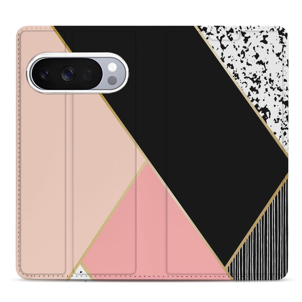 Google Pixel 10 | Pixel 10 Pro Telefoonhoesje Black Pink Shapes ontwerp roze zwart gouden rand