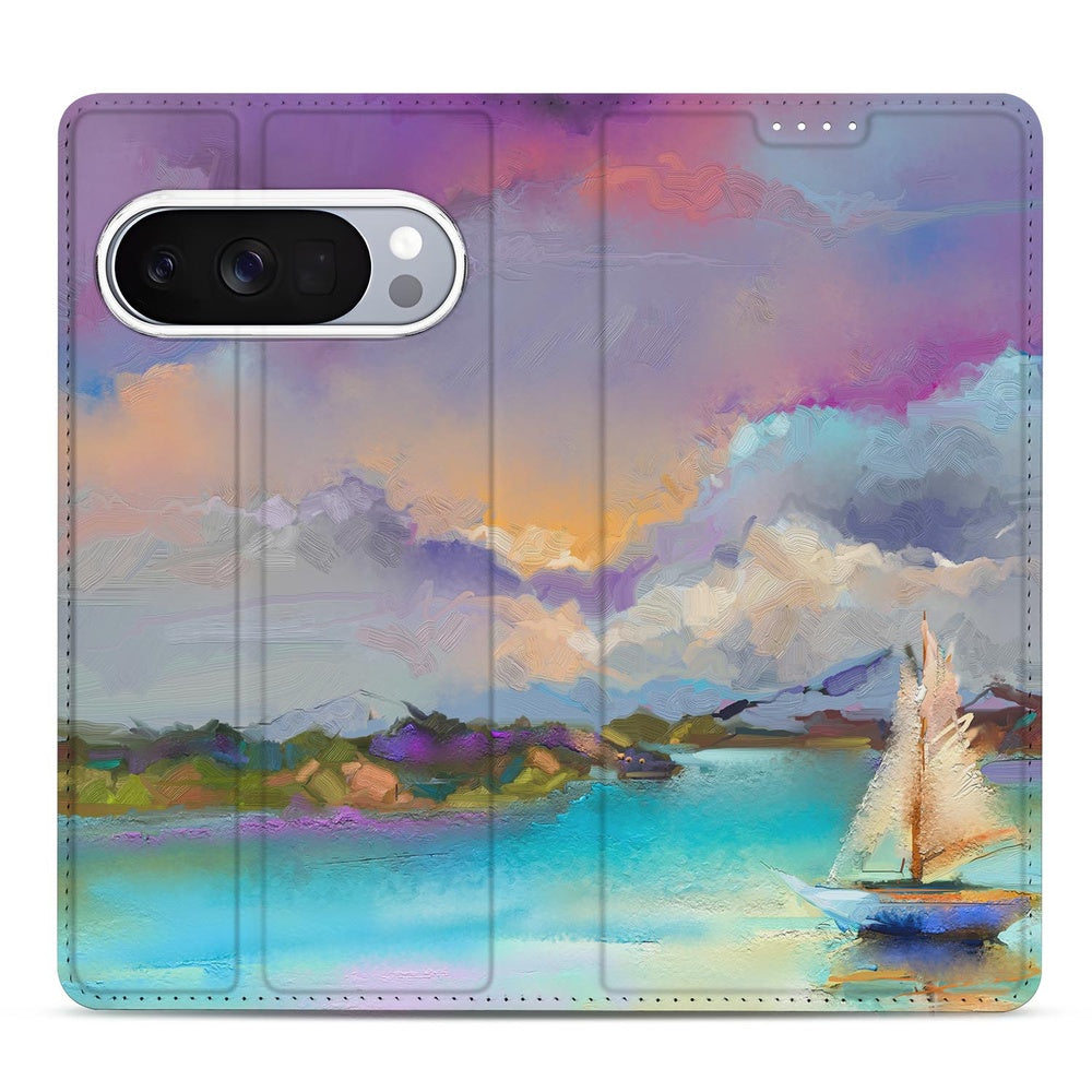 Google Pixel 10 | Pixel 10 Pro Book Case Boat met maritiem ontwerp en kleurrijke zeilboot op rustige zee.