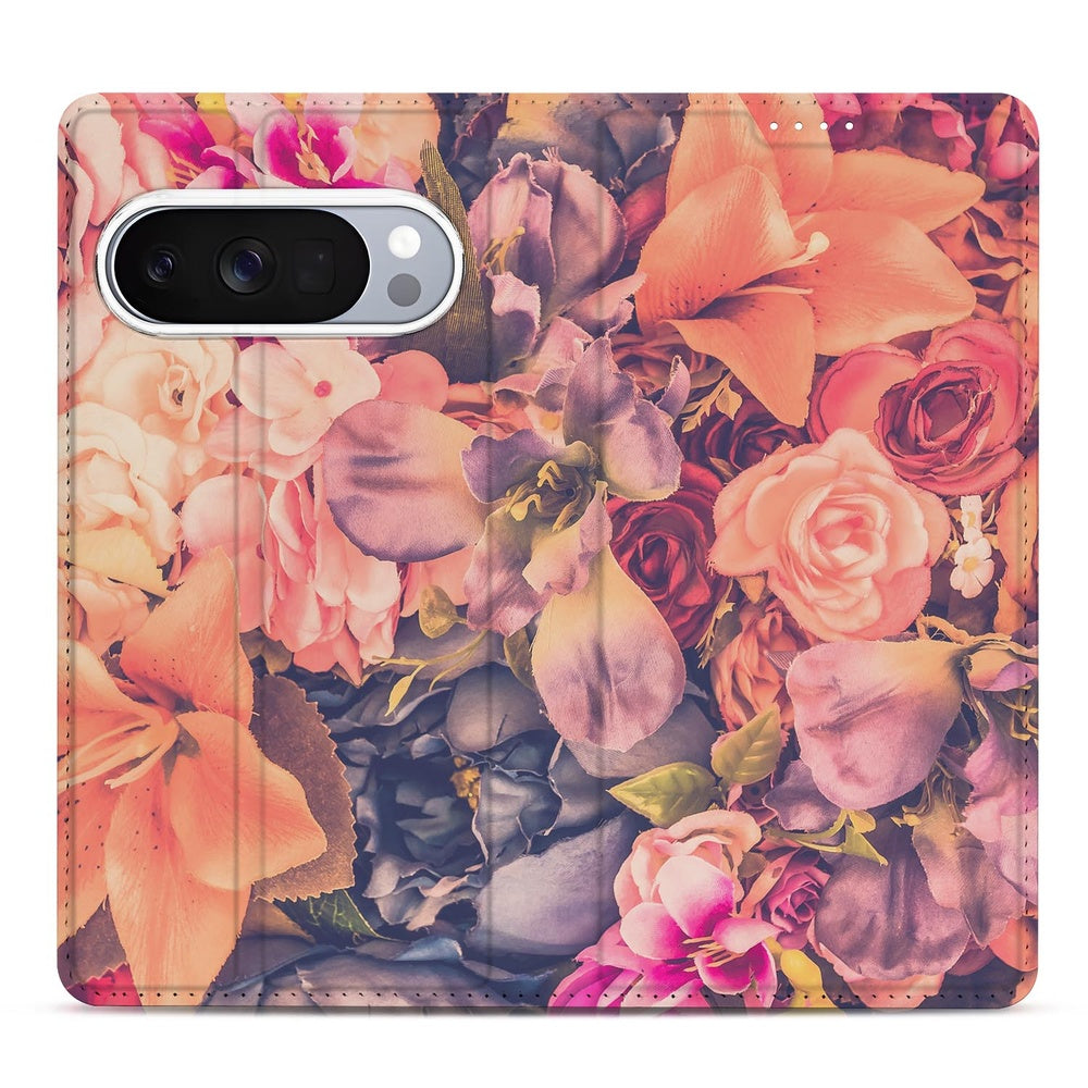 Google Pixel 10 Pro Book Cover Bosje Bloemen met kleurrijke bloemen in oranje, paars en roze.