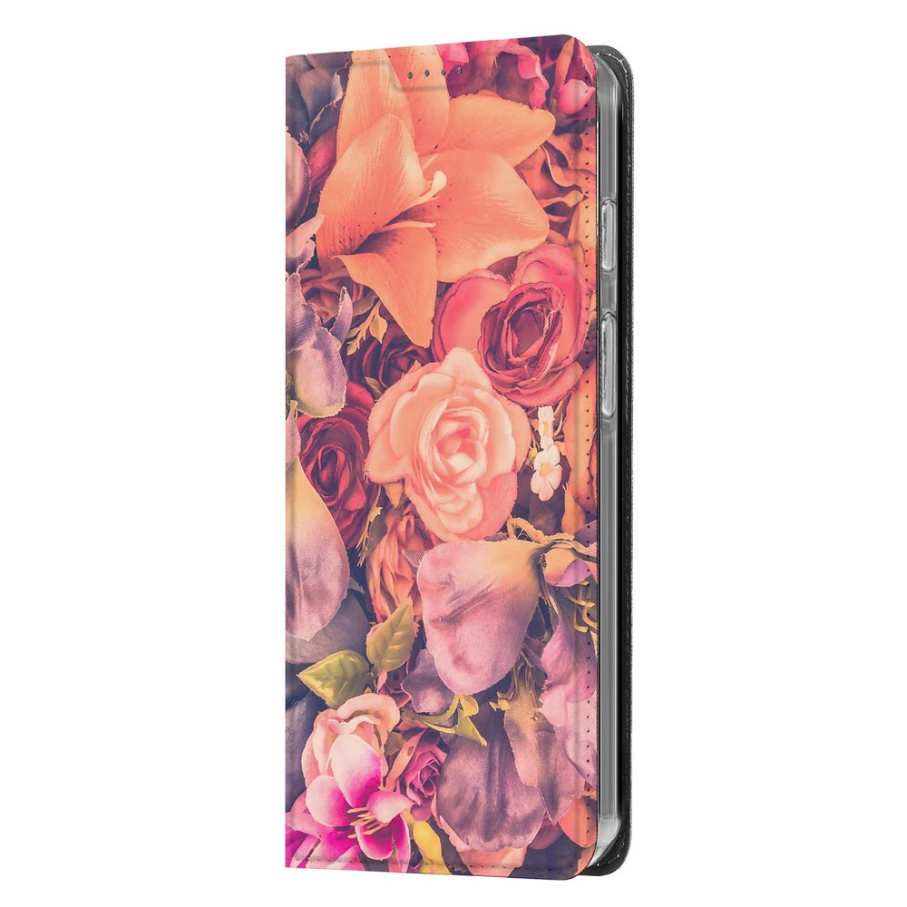 Google Pixel 10 Pro Book Cover Bosje Bloemen met kleurrijke bloemen in oranje, paarse en roze tinten.