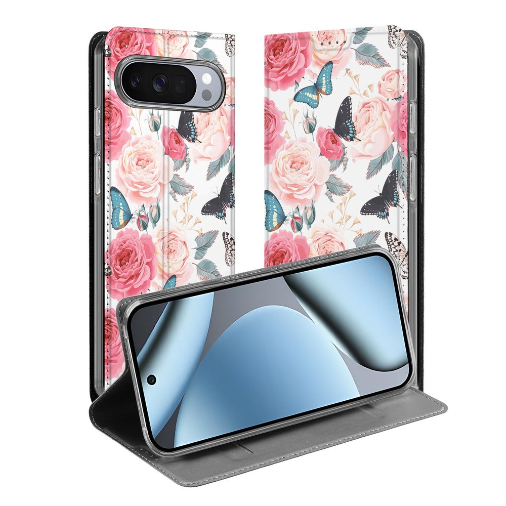 Google Pixel 10 | Pixel 10 Pro Telefoonhoesje Butterfly Roses met roze rozen en vlinders in open houding.
