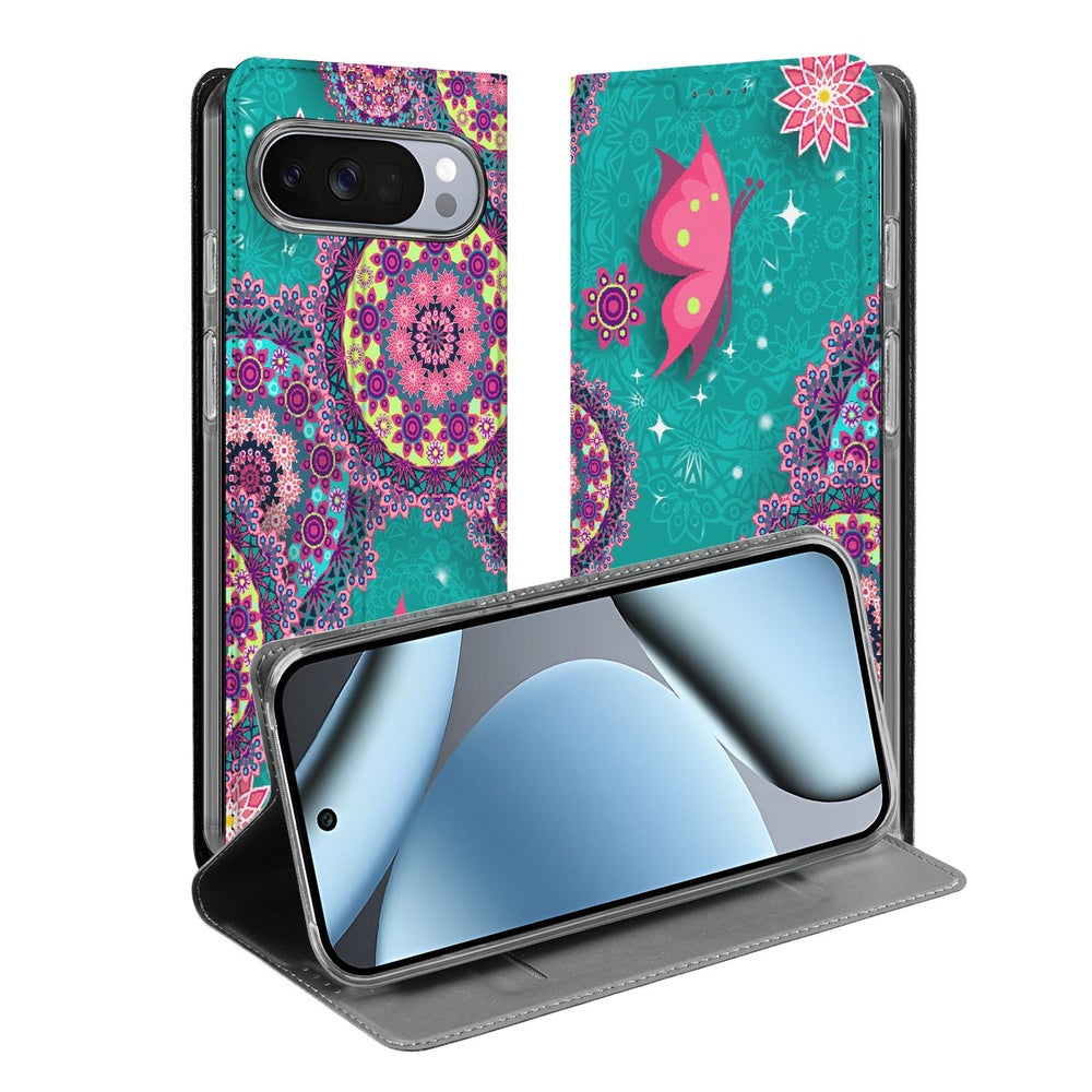 Google Pixel 10 Pro Book Wallet Case Cirkels en Vlinders met kleurrijke patronen en vlinders