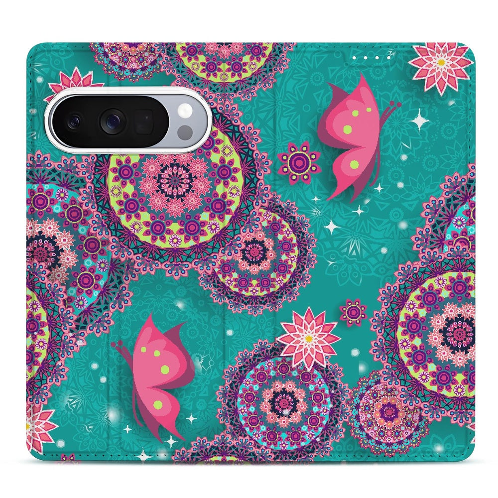 Google Pixel 10 Pro Book Wallet Case Cirkels en Vlinders met kleurrijke vlinders en cirkels op turquoise achtergrond.