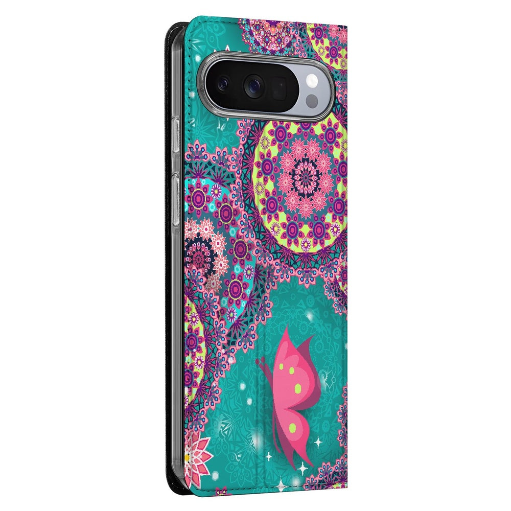 Google Pixel 10 Pro Book Wallet Case Cirkels en Vlinders met kleurrijke vlinders en cirkels op een turquoise achtergrond.