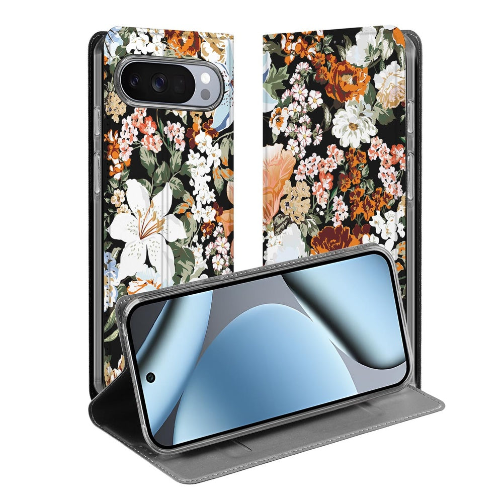 Google Pixel 10 Pro Flip Style Cover Dark Flowers showing floral design and open view for phone.