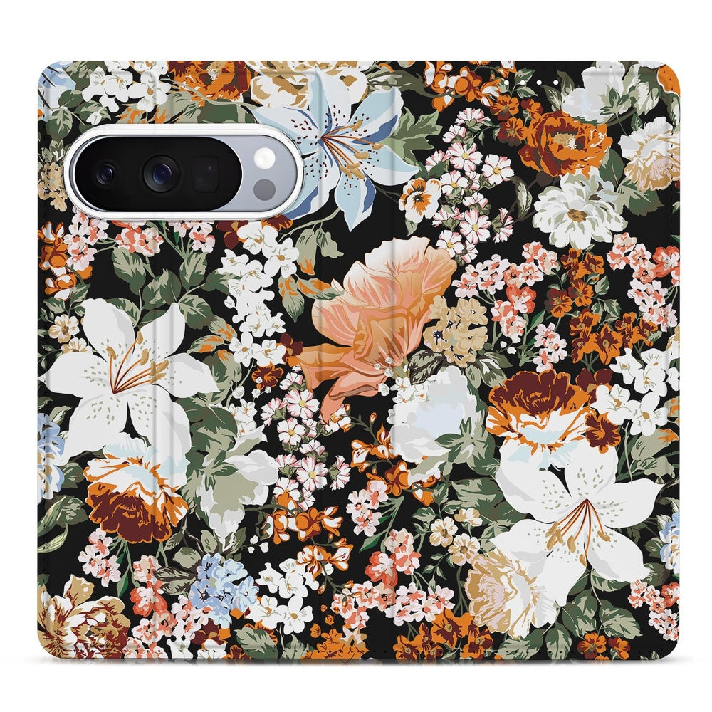Google Pixel 10 Pro Flip Style Cover Dark Flowers met kleurrijk bloemenpatroon op zwarte achtergrond.
