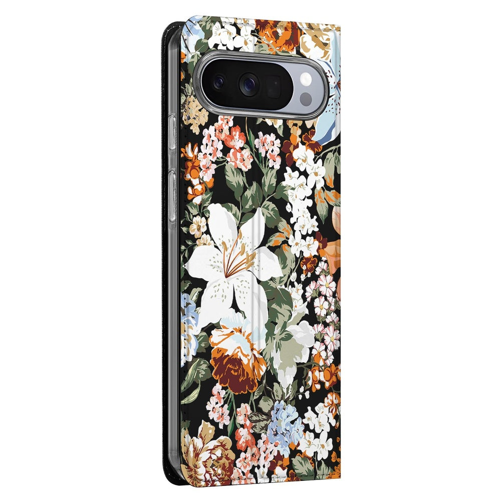 Google Pixel 10 Pro Flip Style Cover Dark Flowers met een kleurrijk bloemenpatroon.