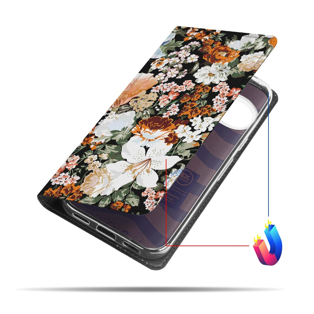 Google Pixel 10 Pro Flip Style Cover Dark Flowers met kleurrijk bloemmotief en stevige TPU-houder.