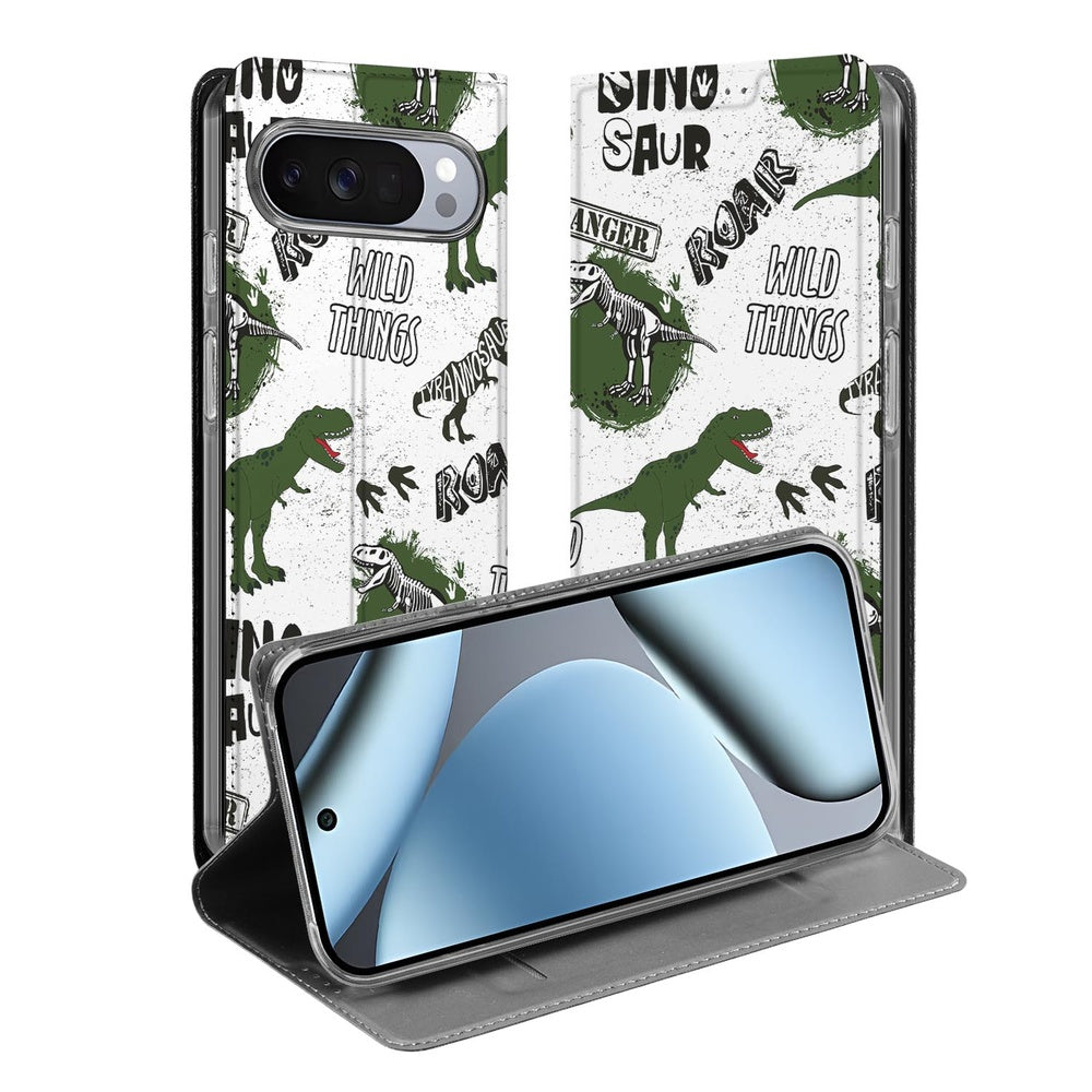 Google Pixel 10 | Pixel 10 Pro Standcase Hoesje Dinosaurus met kleurrijke dino-ontwerpen en praktische bescherming.