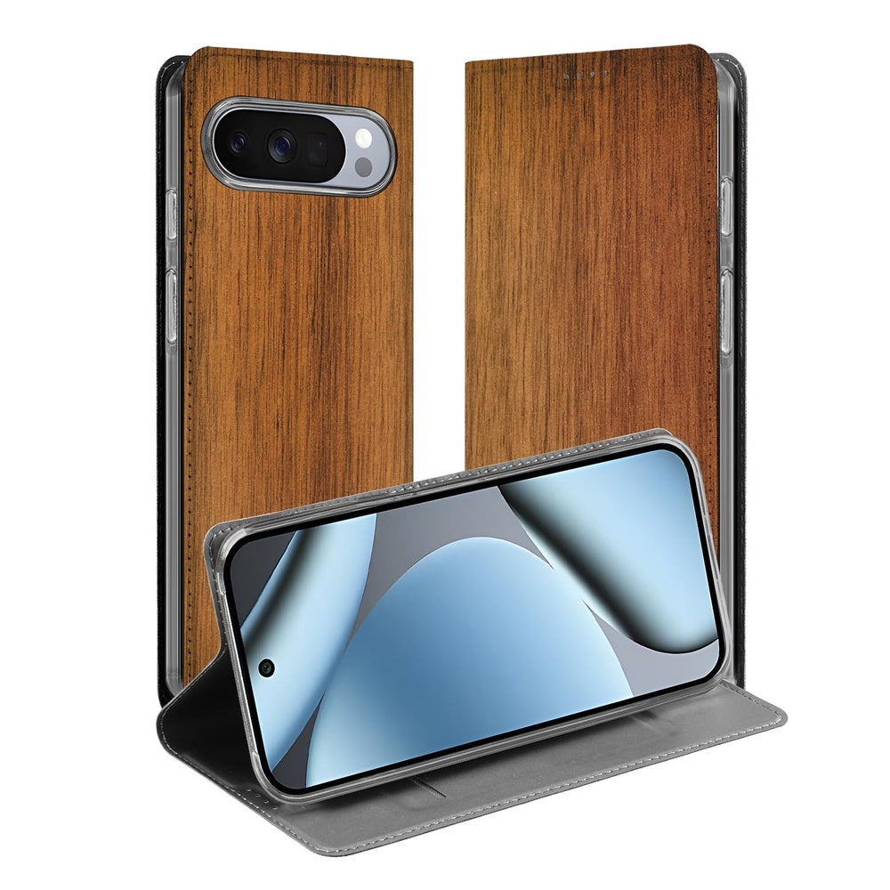 Google Pixel 10 Pro Smart Cover Hoesje Donker Hout met natuurlijk houten design en verstelbare standfunctie.