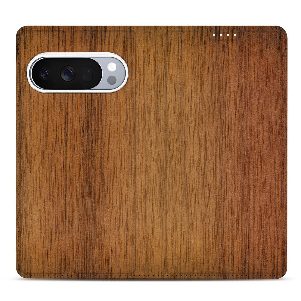 Google Pixel 10 Pro Smart Cover Hoesje Donker Hout met natuurlijke houtlook, biedt stijl en bescherming.