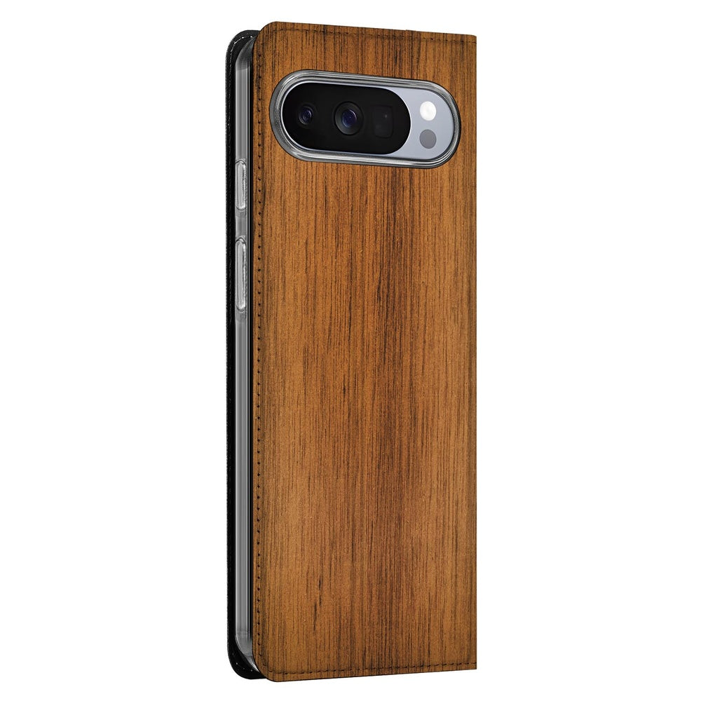 Google Pixel 10 Pro Smart Cover Hoesje Donker Hout met een stijlvolle houten uitstraling en stevige bescherming.