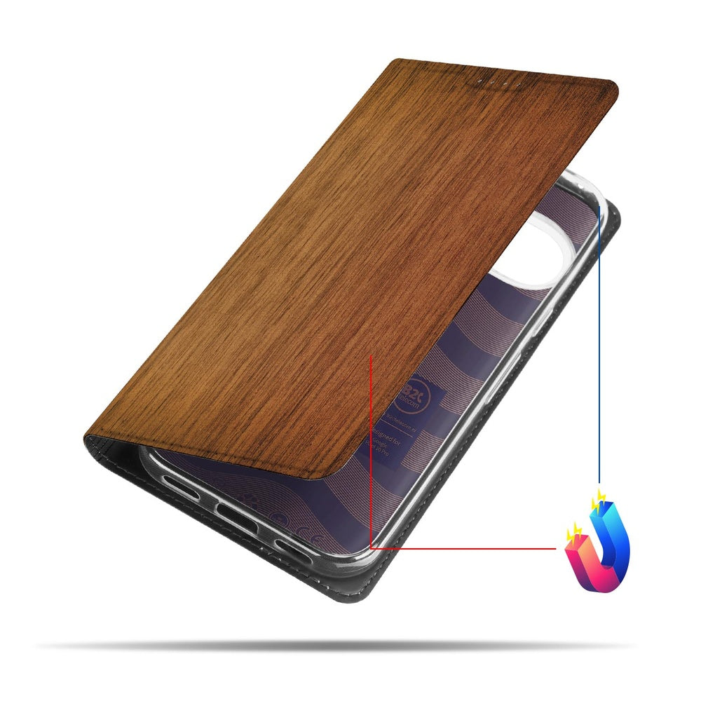 Google Pixel 10 Pro Smart Cover Hoesje Donker Hout met natuurlijke uitstraling en praktische standfunctie.