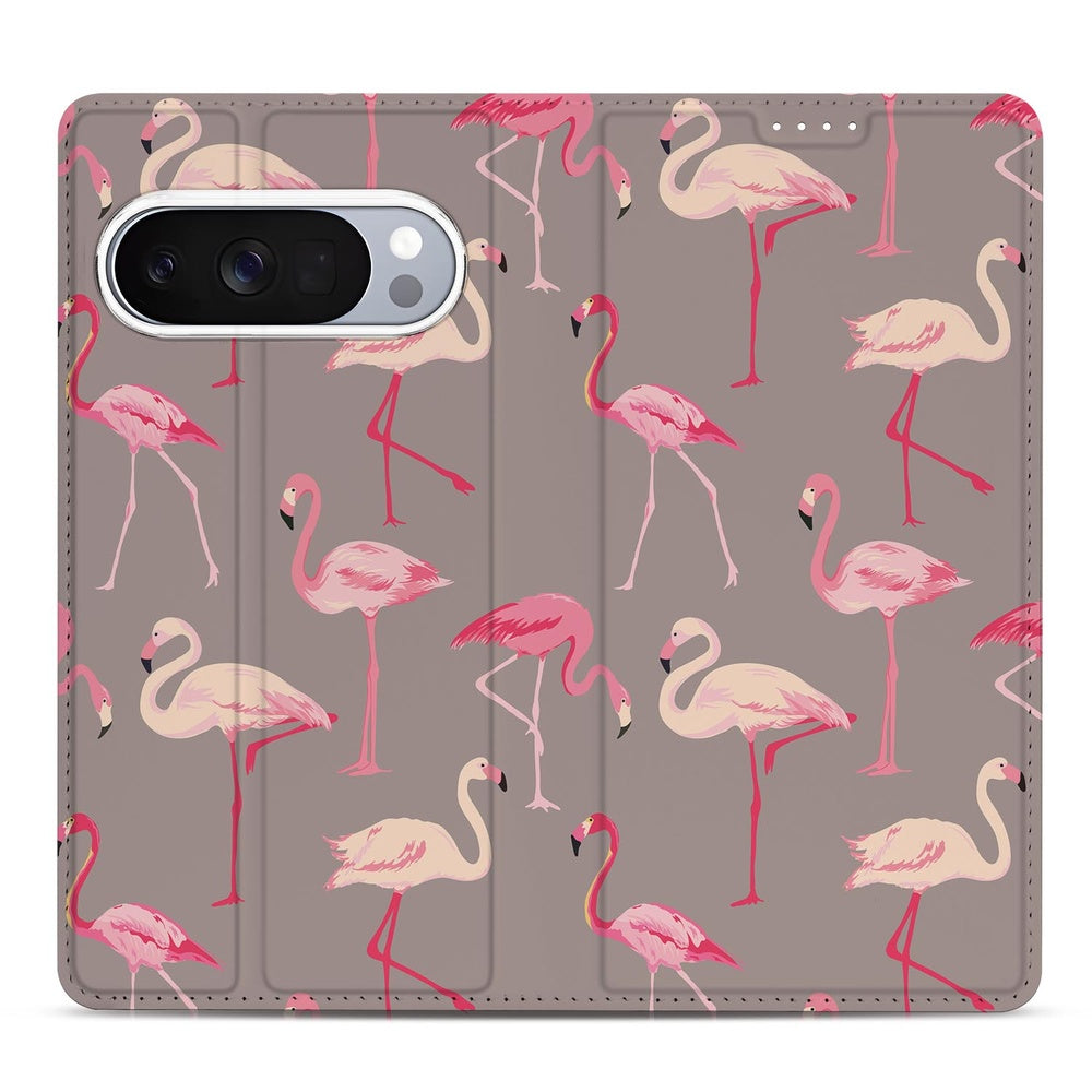 Google Pixel 10 | Pixel 10 Pro Flip Style Cover Flamingo design with pink flamingos on a gray background.