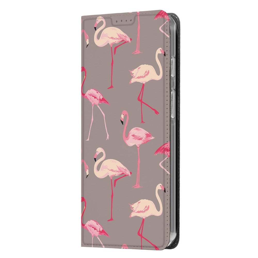 Google Pixel 10 | Pixel 10 Pro Flip Style Cover Flamingo met kleurrijk flamingo-design op een neutrale achtergrond.