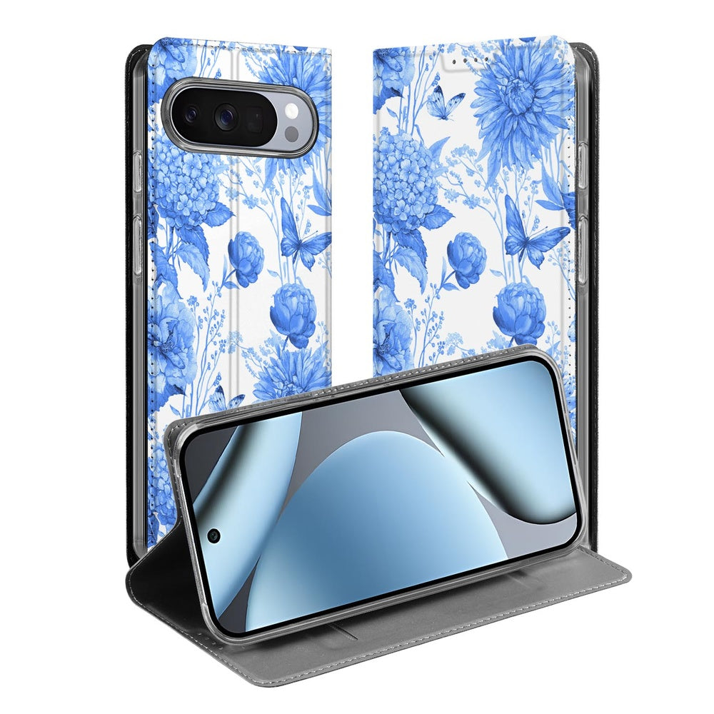 Google Pixel 10 | Pixel 10 Pro Smart Cover Hoesje Flowers Blue design bloemenknopen aanzicht