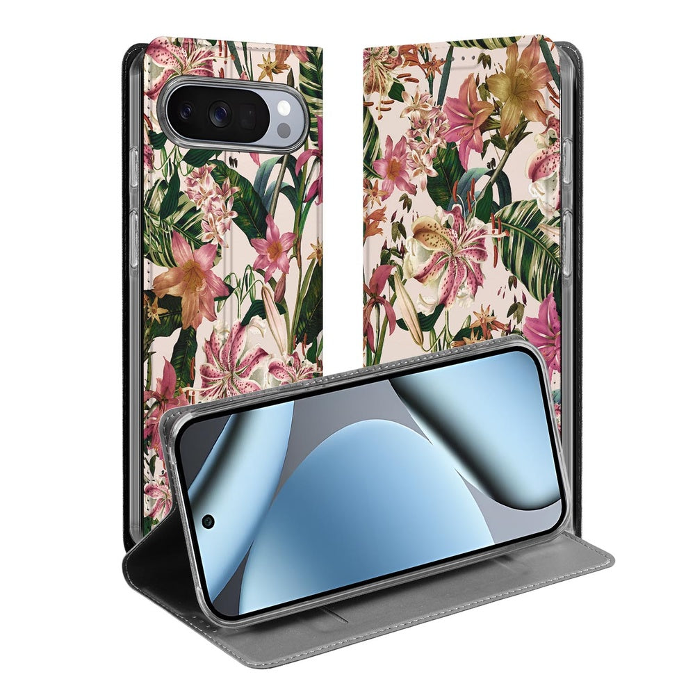 Google Pixel 10 | Pixel 10 Pro Standcase Hoesje Flowers met bloemdessin in rose tint, paars-witte bloemen en groene bladeren.